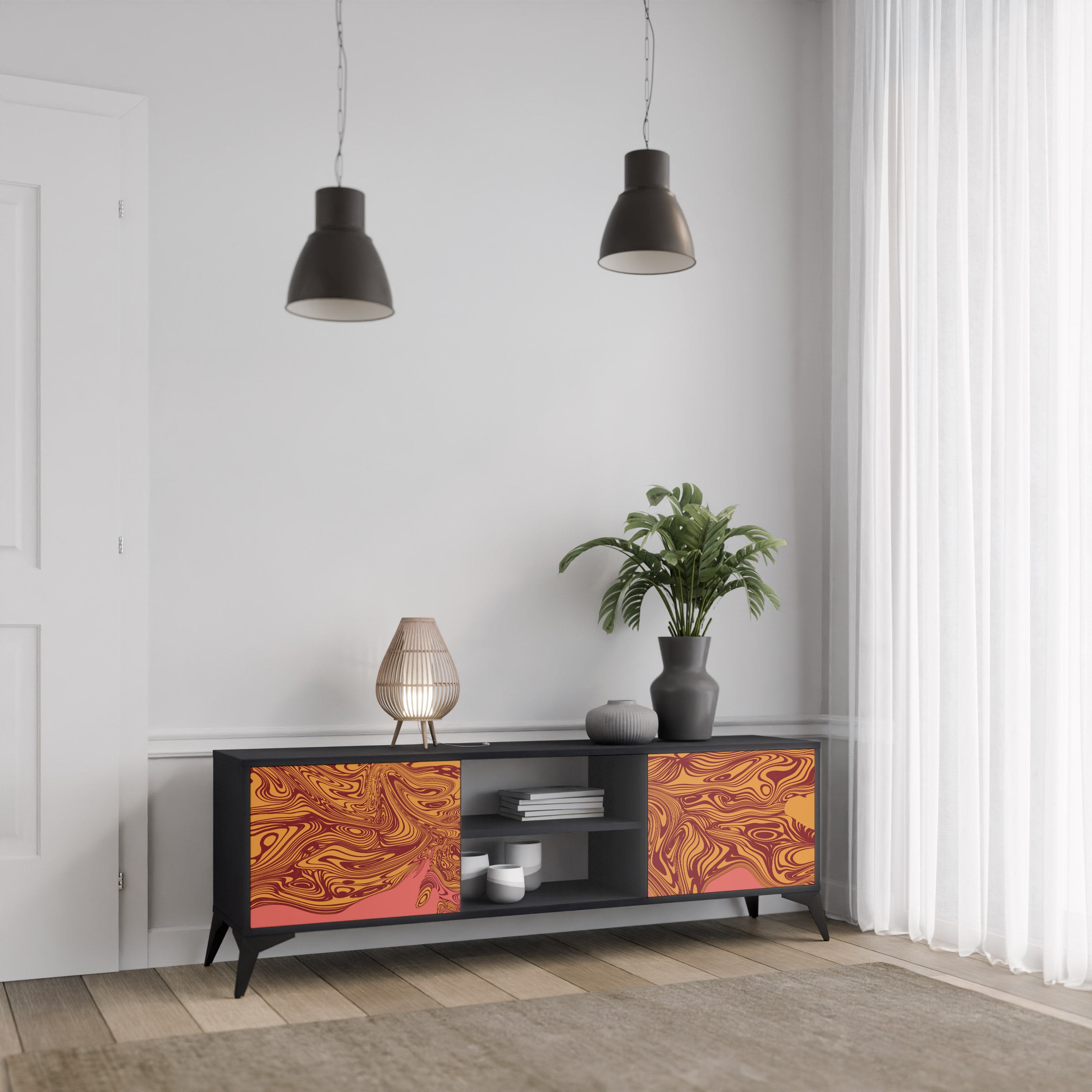 Mueble de TV de 2 puertas FLOATING THOUGHTS con acabado negro