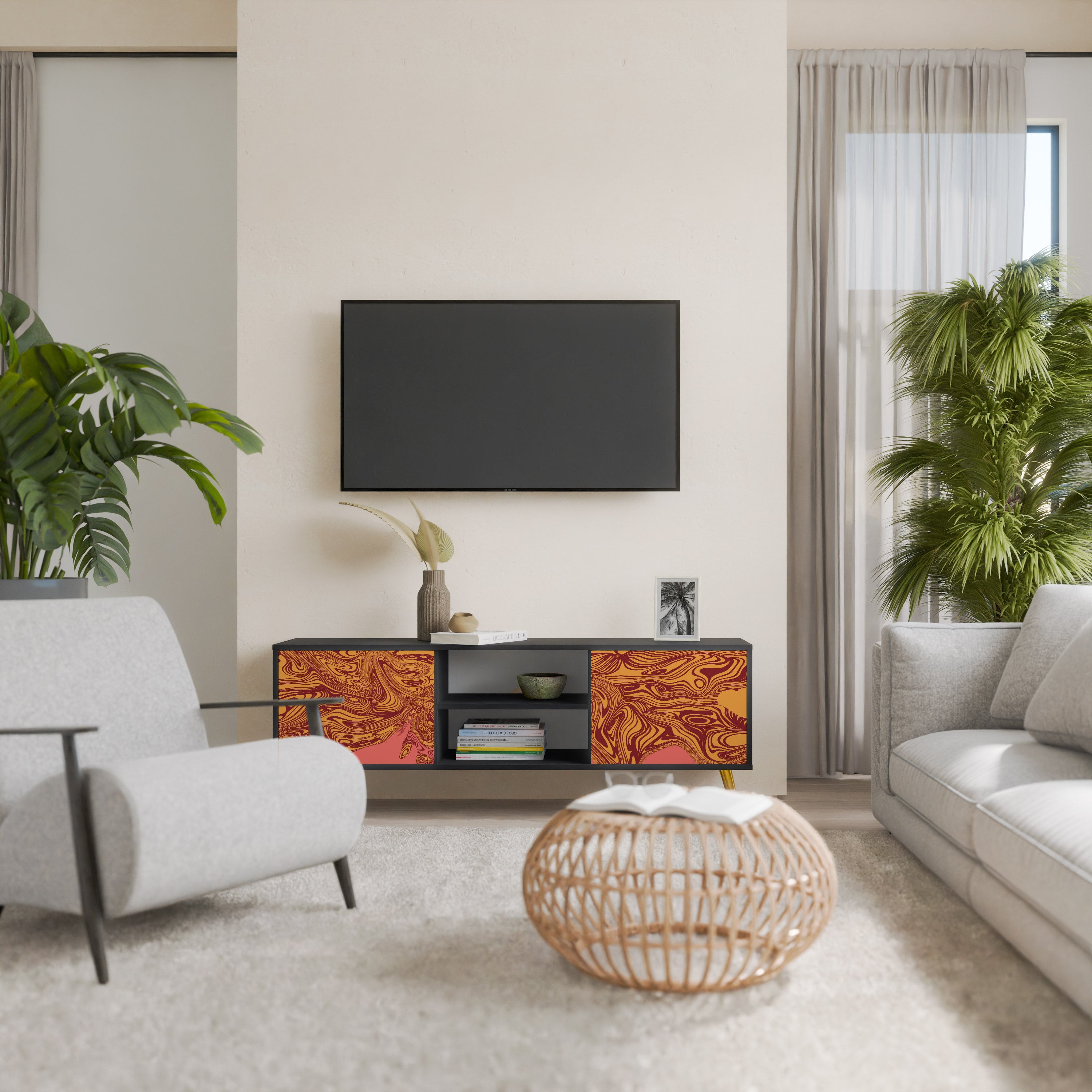 Mueble de TV de 2 puertas FLOATING THOUGHTS con acabado negro
