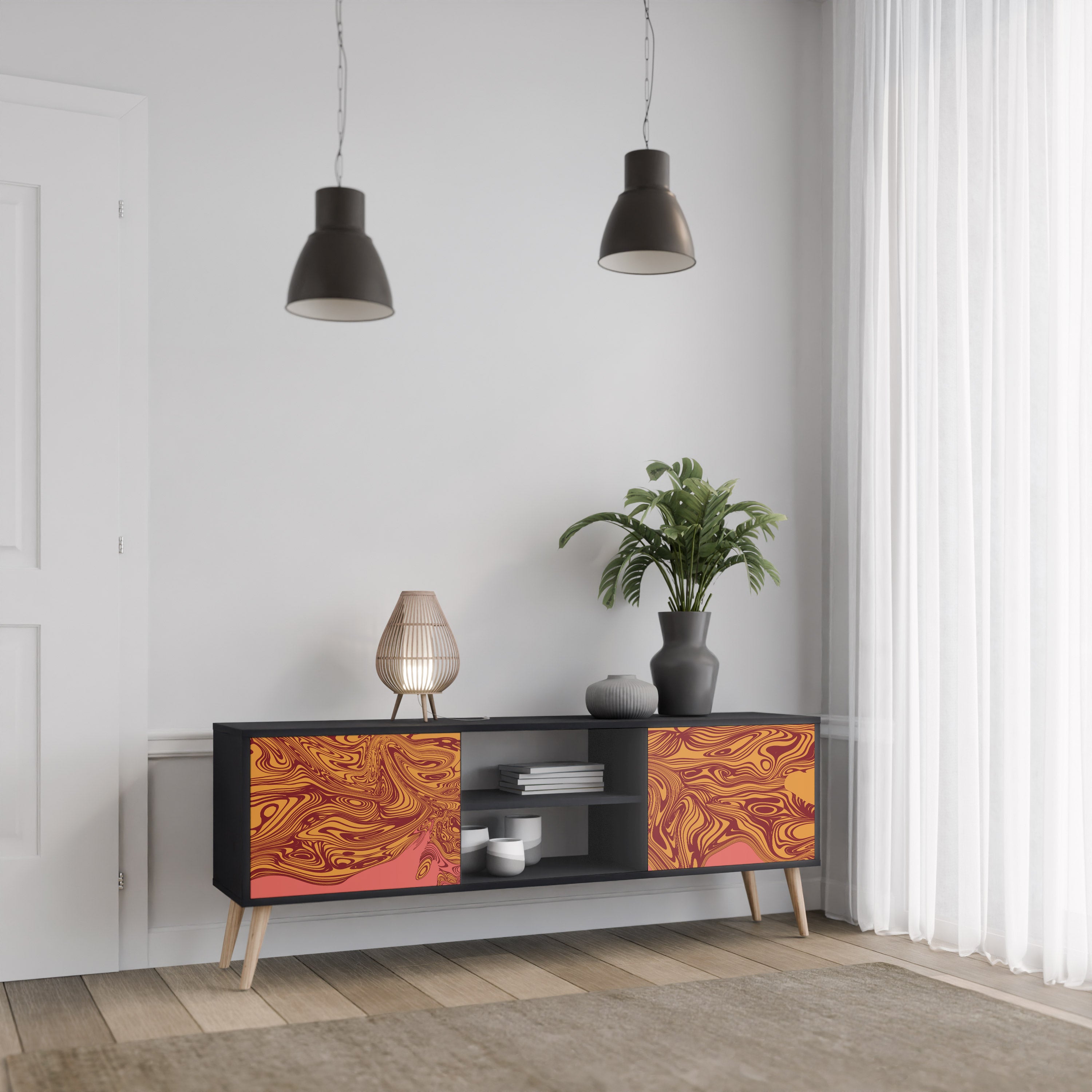 Mueble de TV de 2 puertas FLOATING THOUGHTS con acabado negro