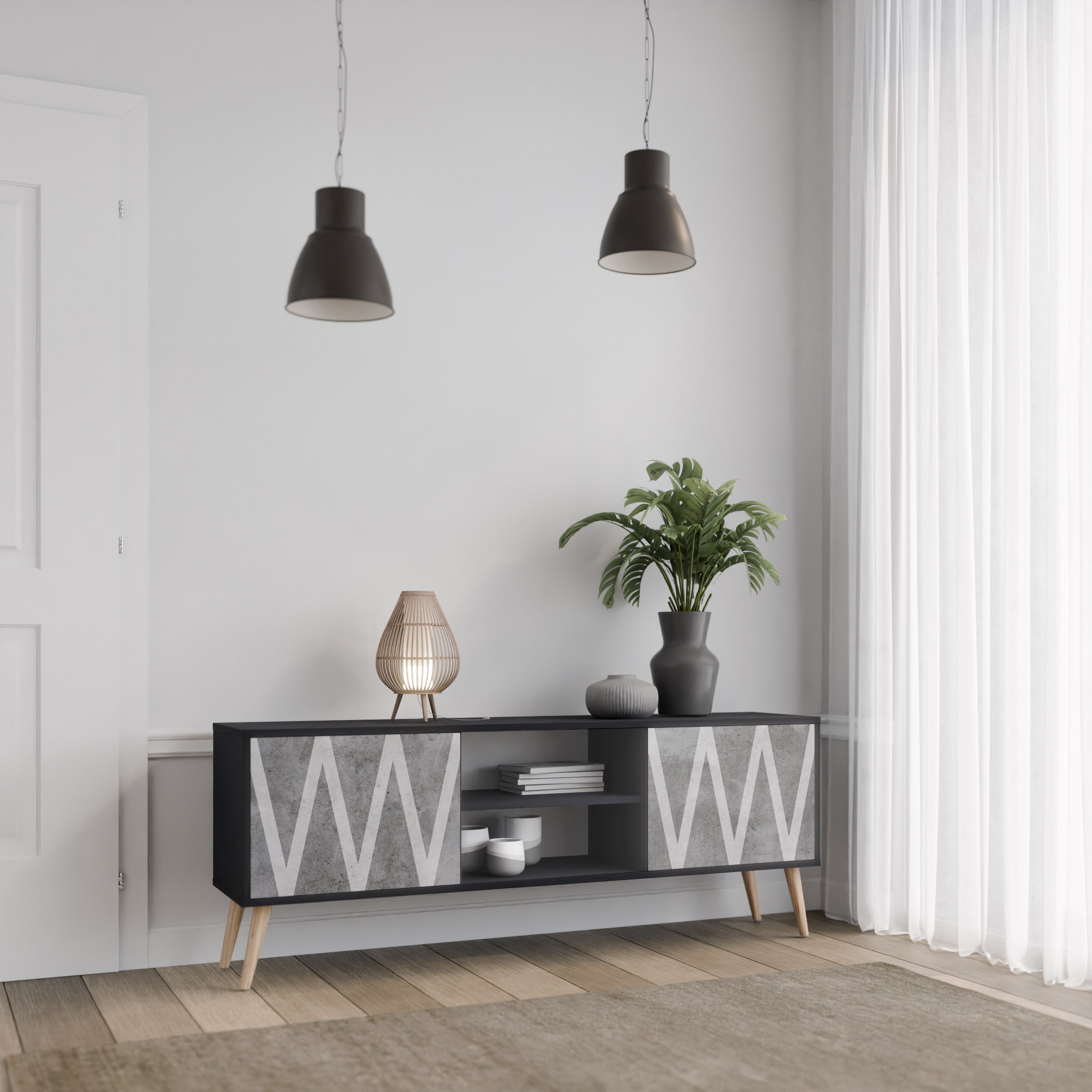 Mueble de TV SOLID ZIG ZAG de 2 puertas con acabado negro