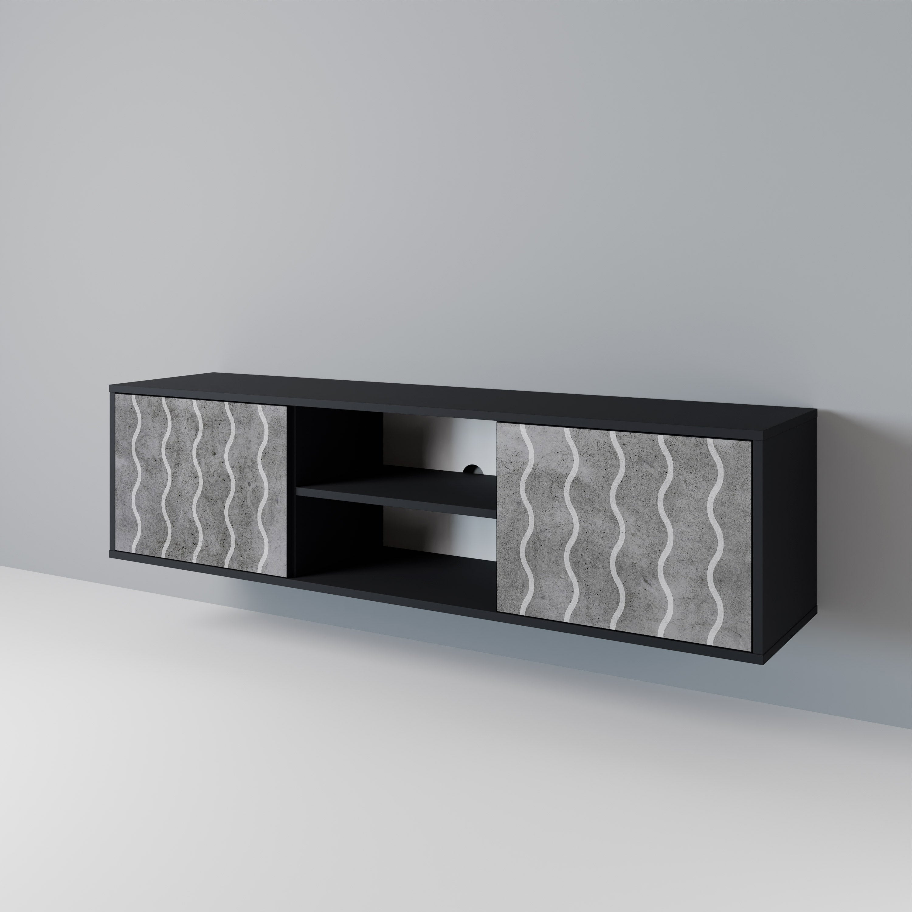 Mueble de TV de 2 puertas WAVES OF CONCRETE con acabado negro