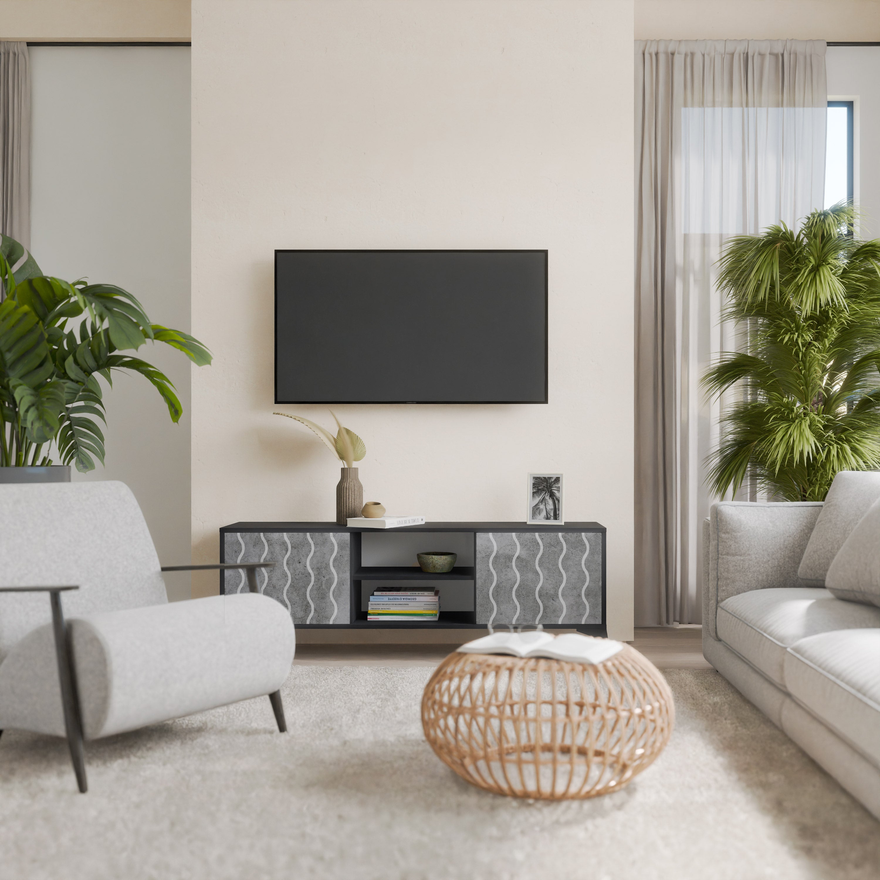 Mueble de TV de 2 puertas WAVES OF CONCRETE con acabado negro