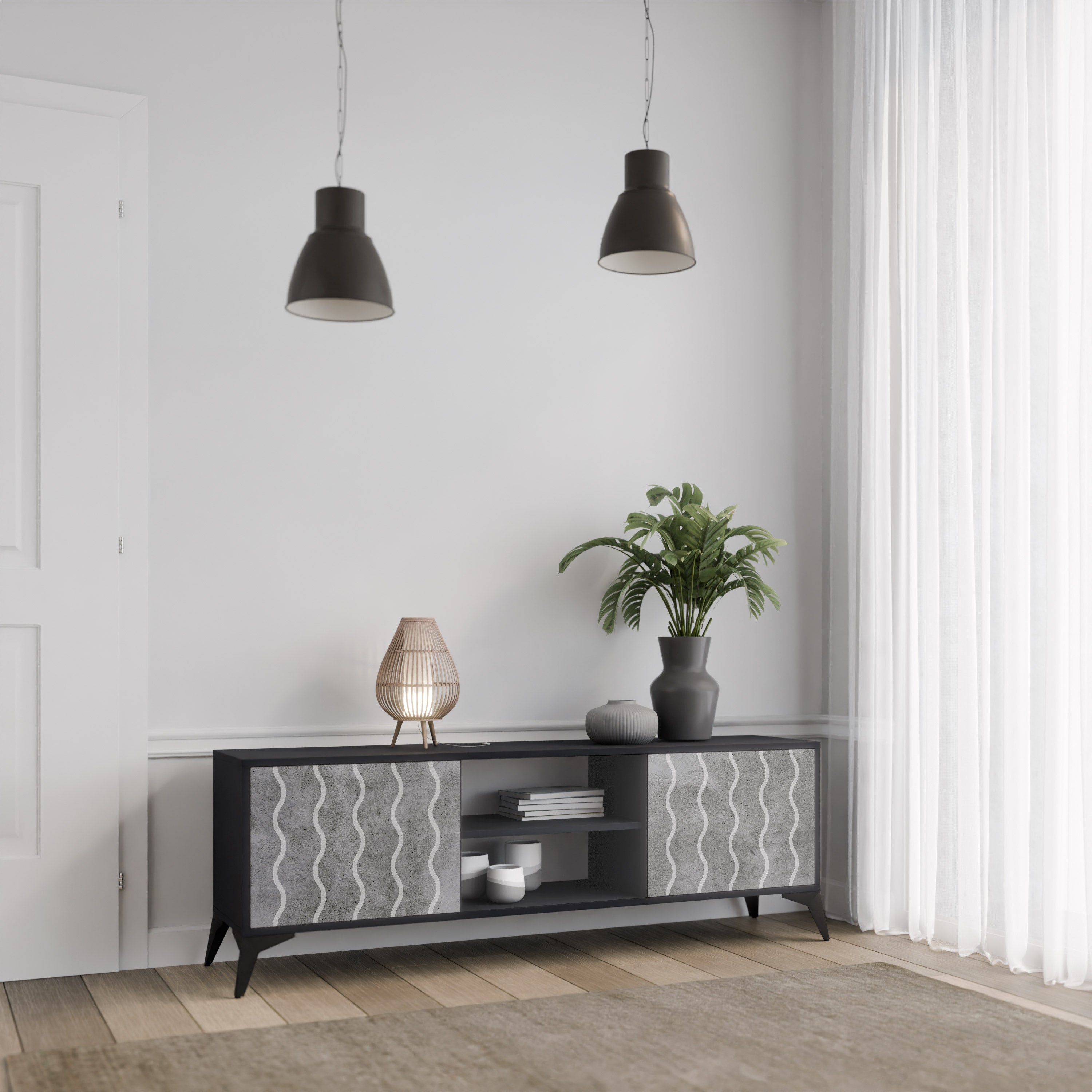 Mueble de TV de 2 puertas WAVES OF CONCRETE con acabado negro
