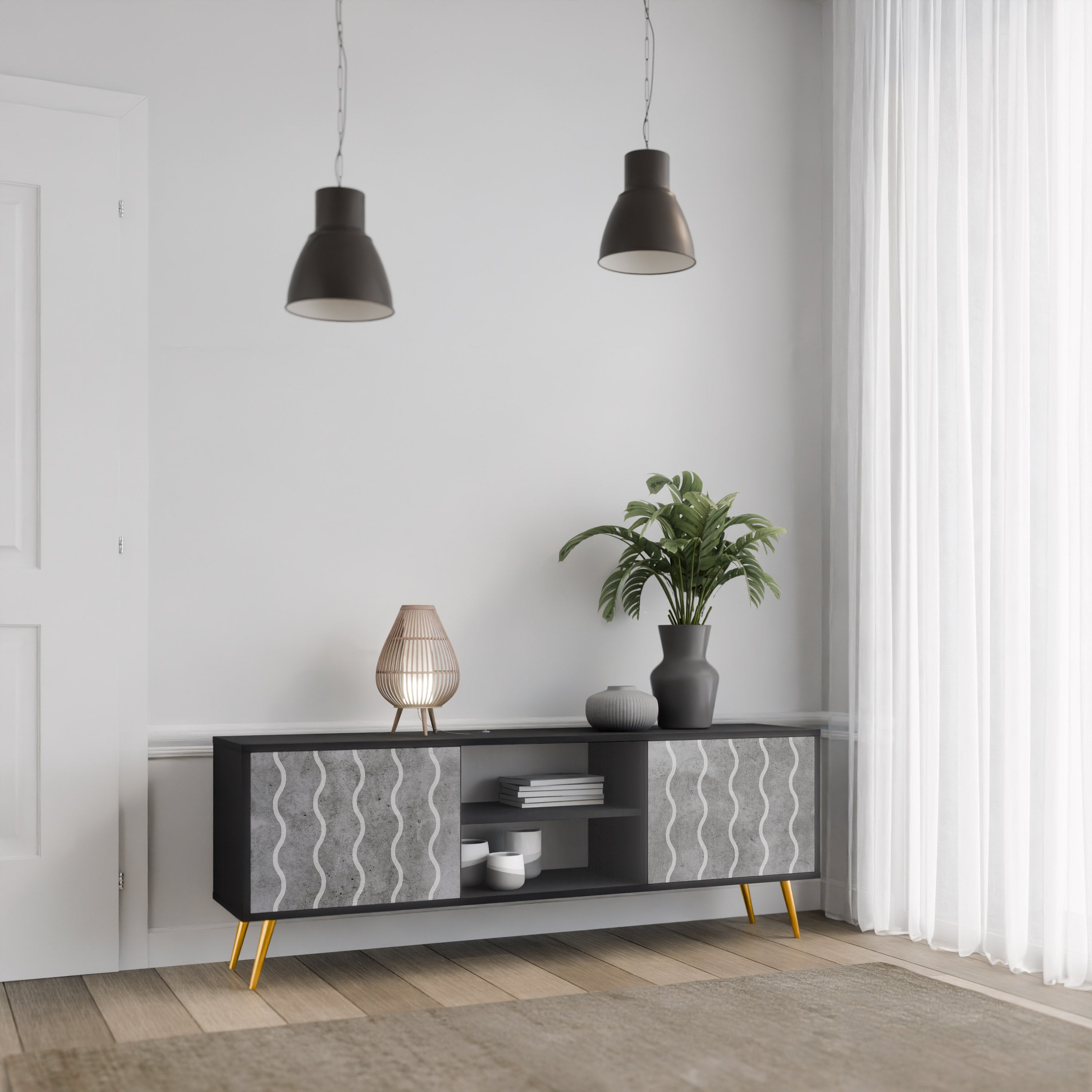 Mueble de TV de 2 puertas WAVES OF CONCRETE con acabado negro