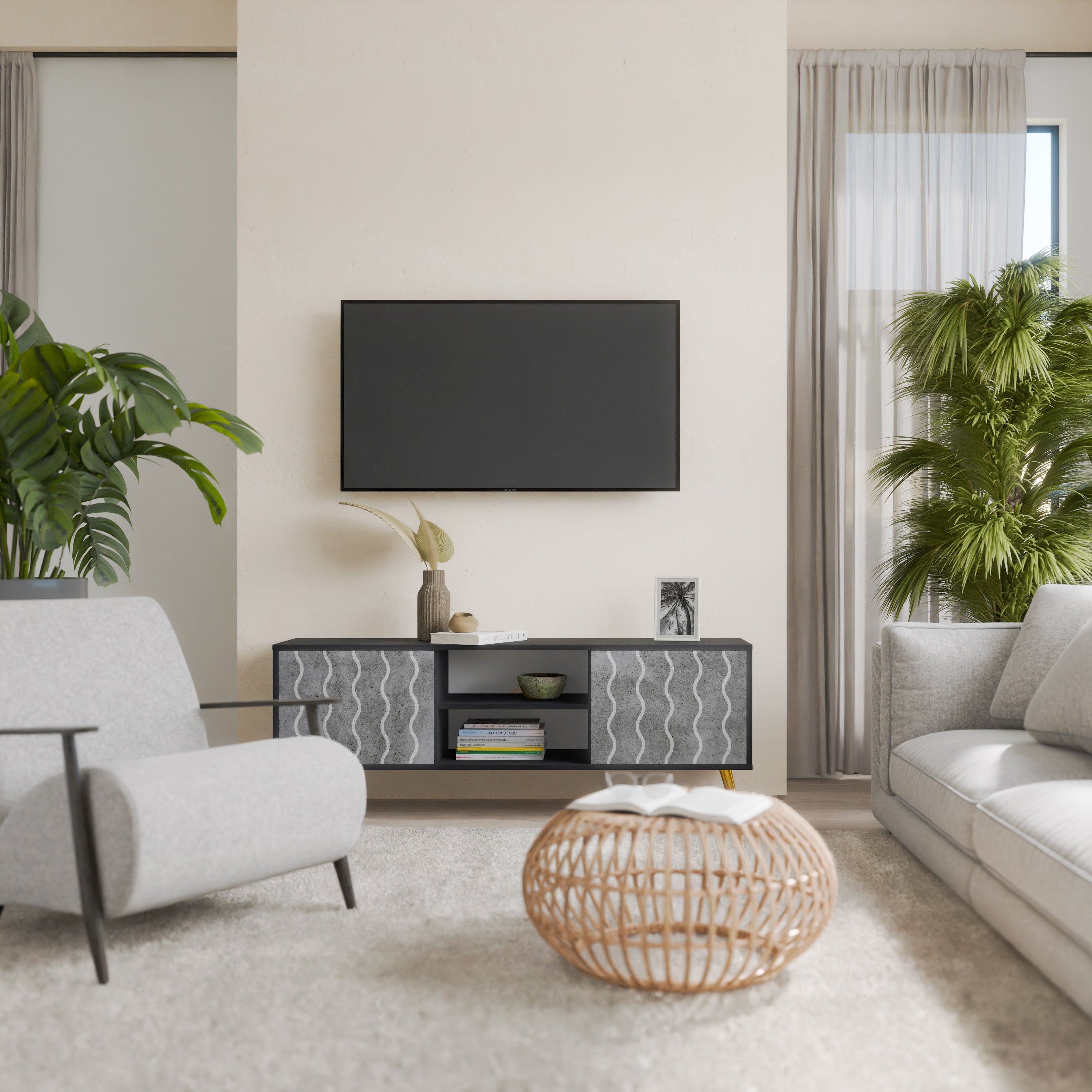 Mueble de TV de 2 puertas WAVES OF CONCRETE con acabado negro