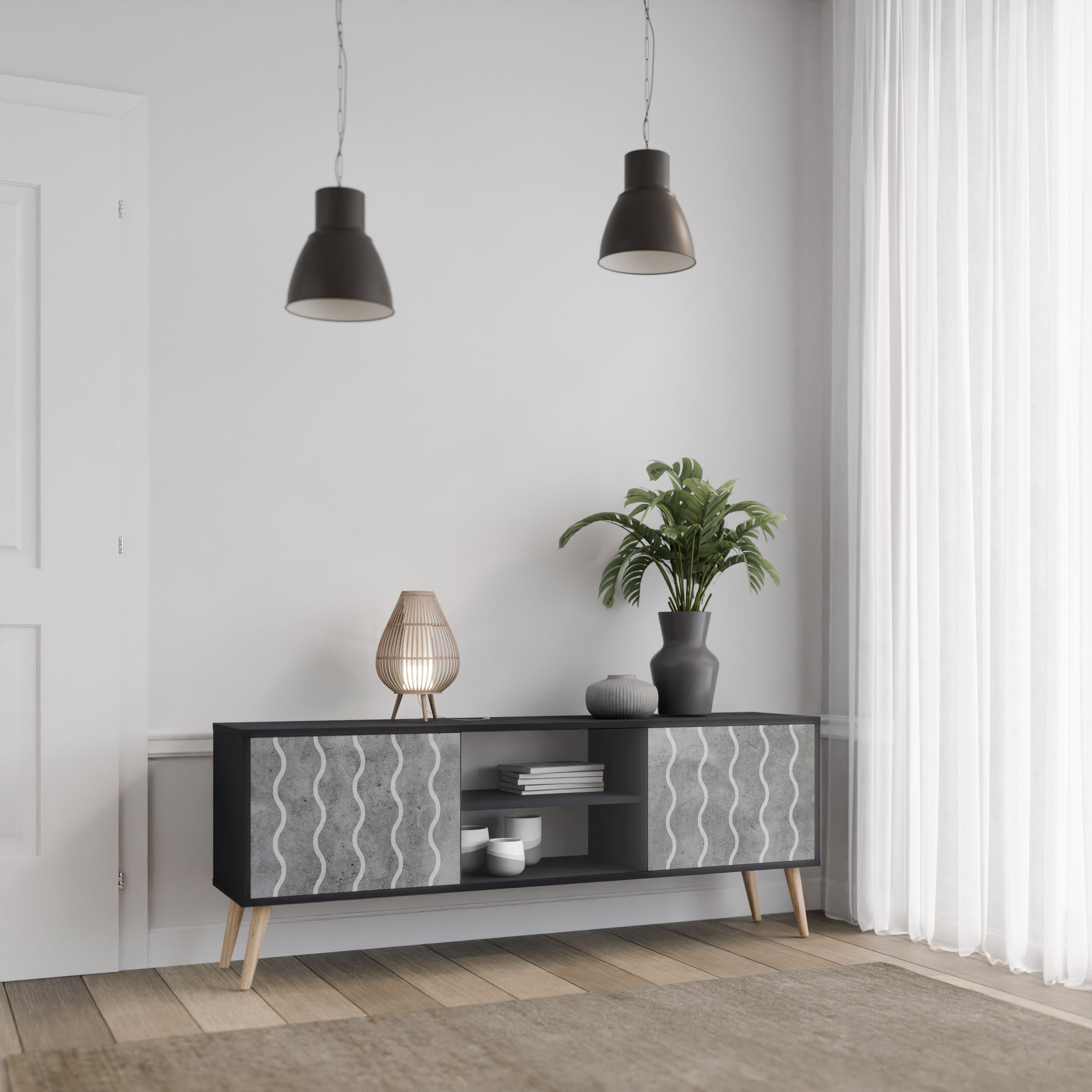 Mueble de TV de 2 puertas WAVES OF CONCRETE con acabado negro
