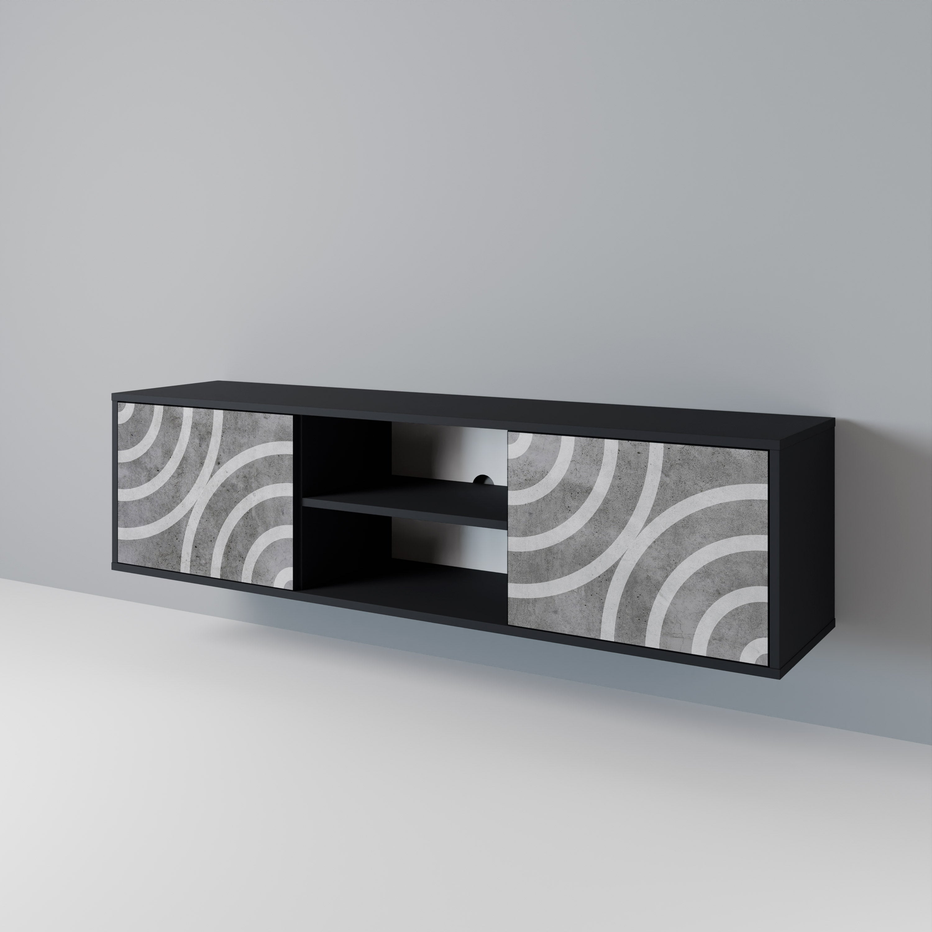 Mueble de TV de 2 puertas CIRCLE CONCRETE con acabado negro