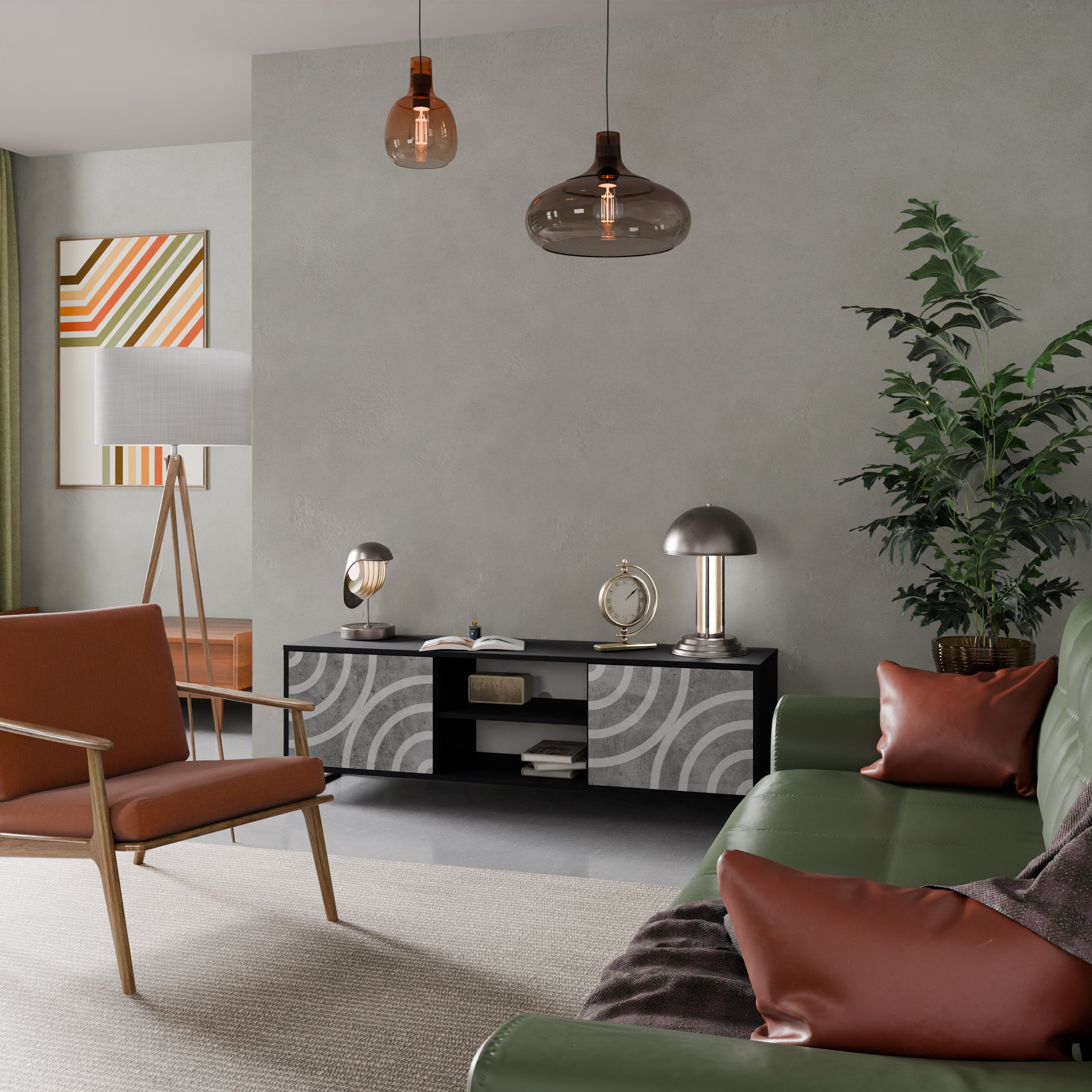 Mueble de TV de 2 puertas CIRCLE CONCRETE con acabado negro