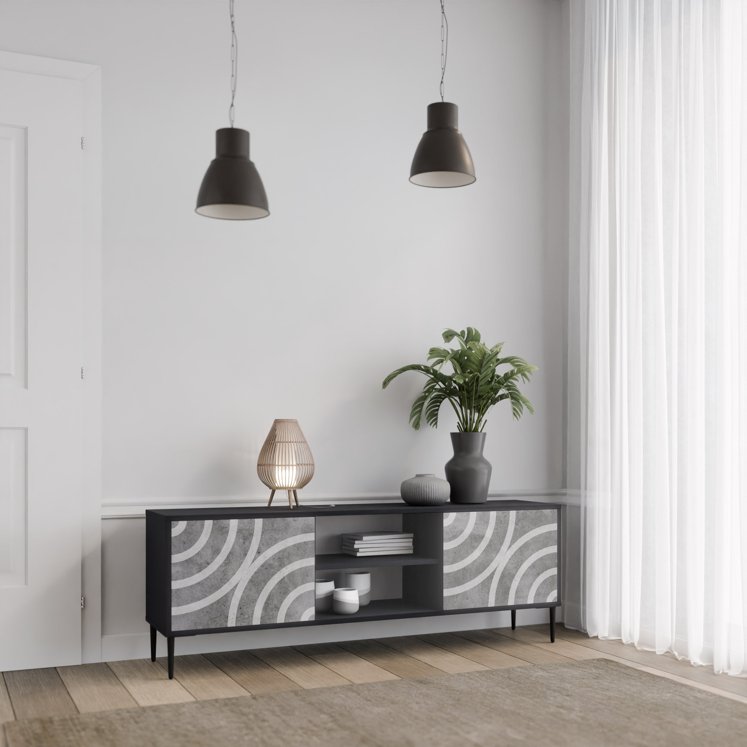 Mueble de TV de 2 puertas CIRCLE CONCRETE con acabado negro