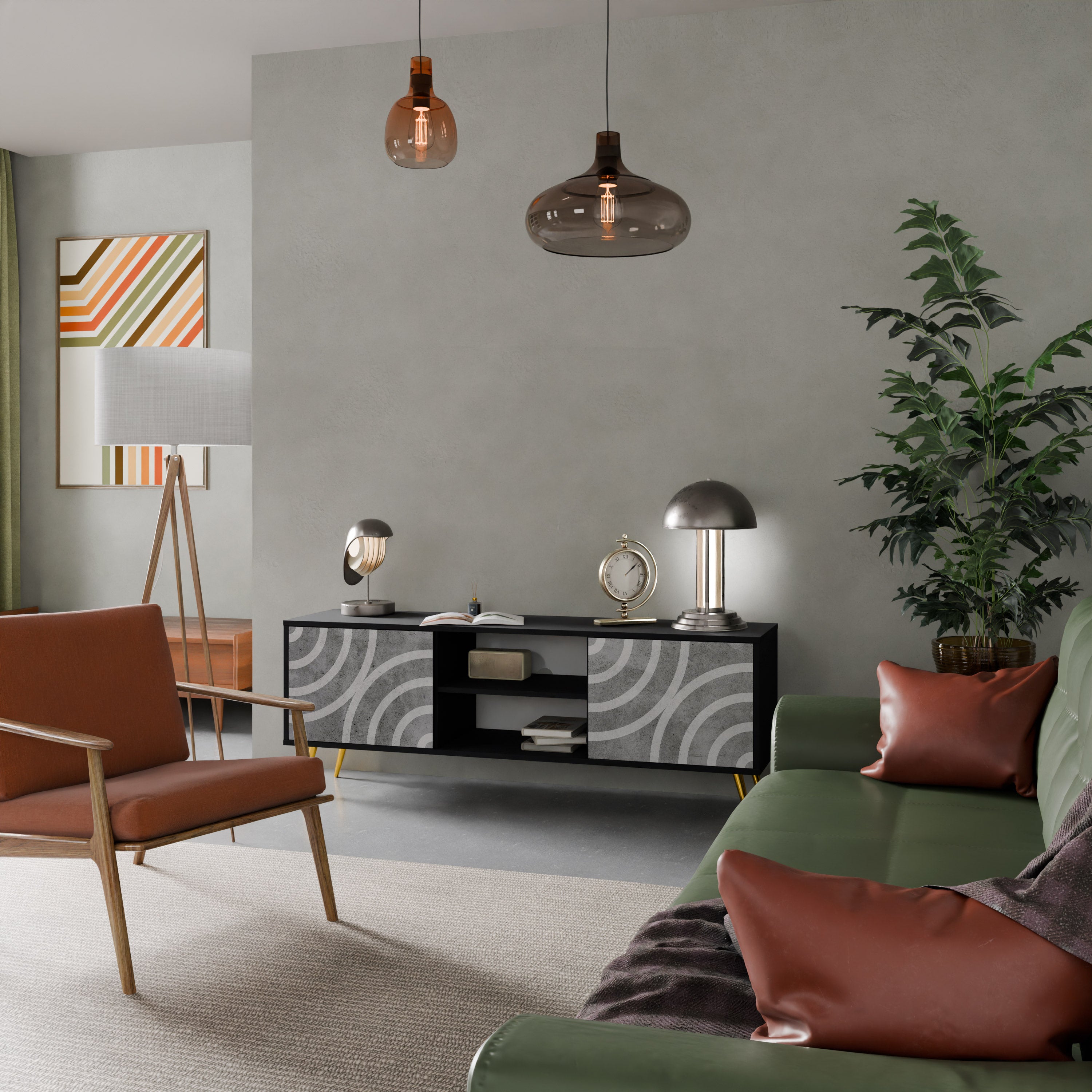 Mueble de TV de 2 puertas CIRCLE CONCRETE con acabado negro