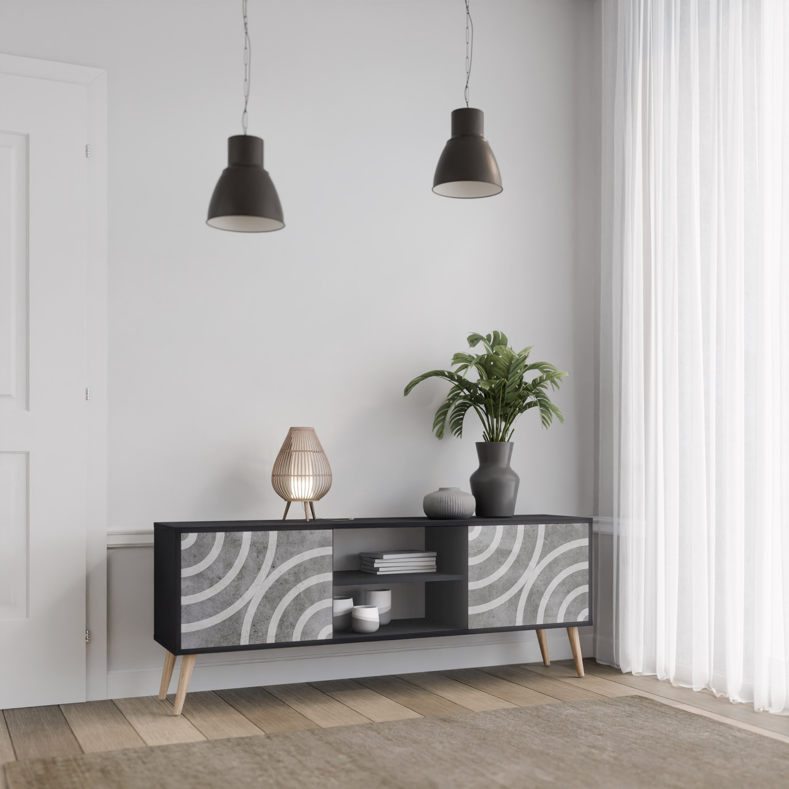 Mueble de TV de 2 puertas CIRCLE CONCRETE con acabado negro