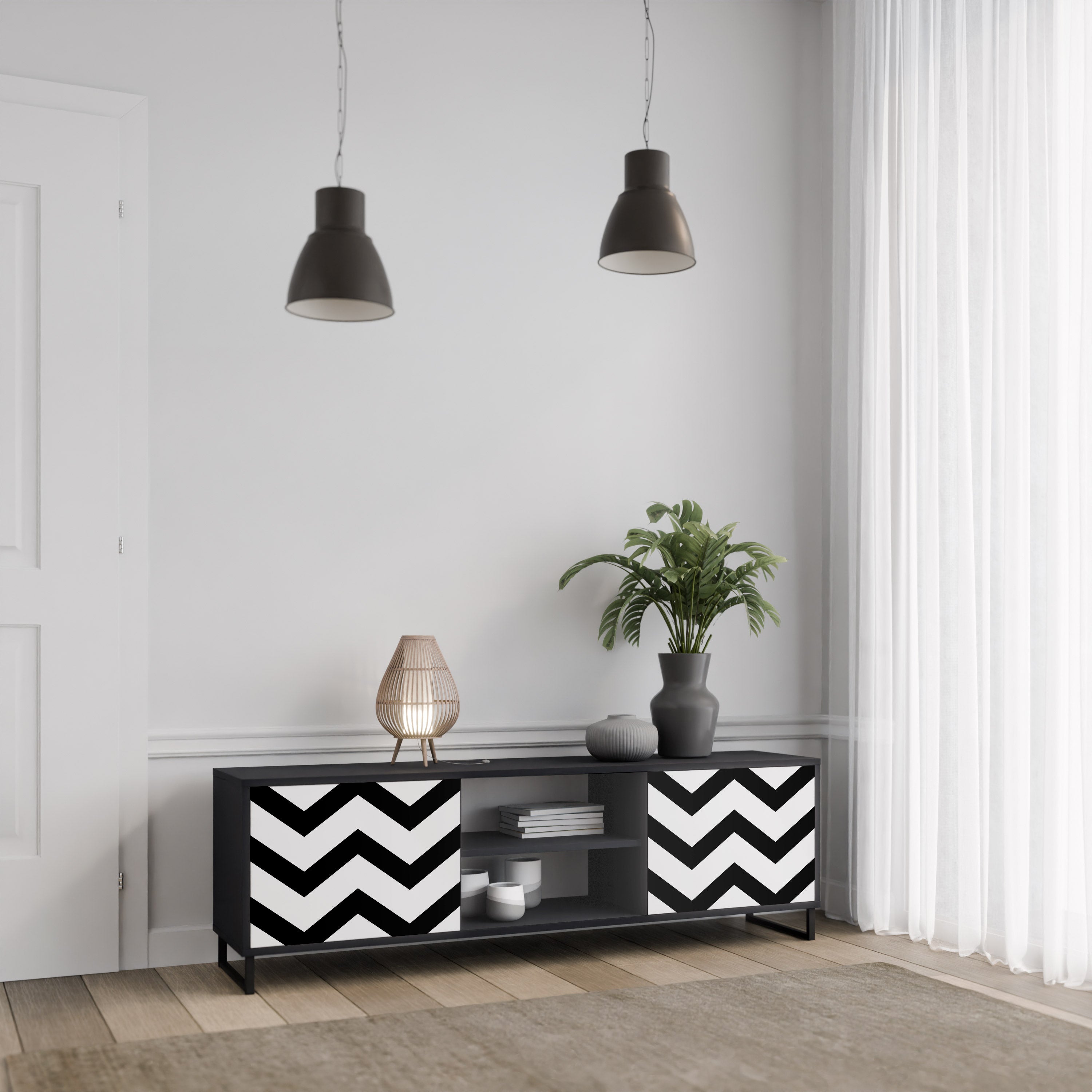 Mueble de TV CLASSIC ZIG ZAG de 2 puertas con acabado negro