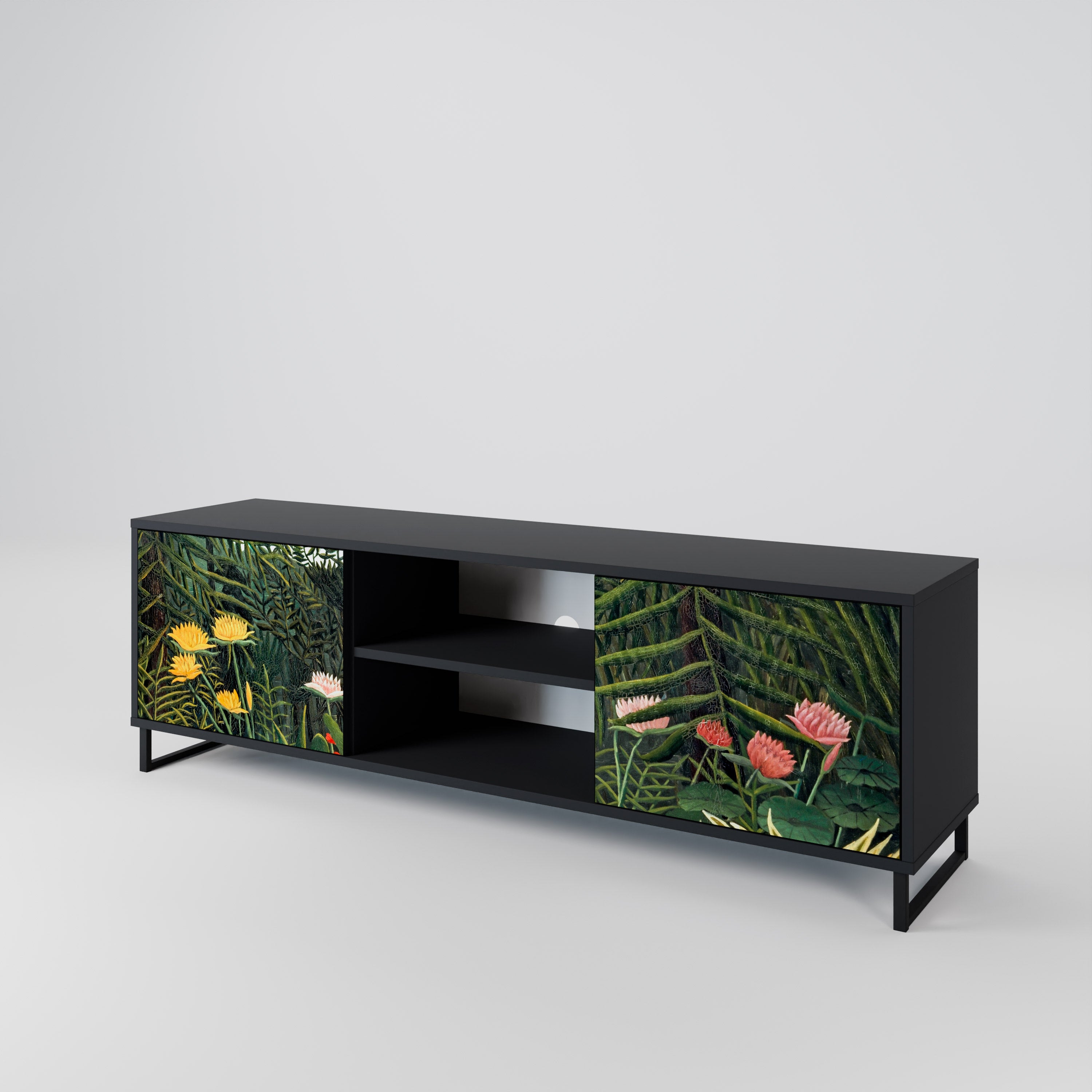 Mueble de TV de 2 puertas VIRGIN FOREST WITH SUNSET en acabado negro