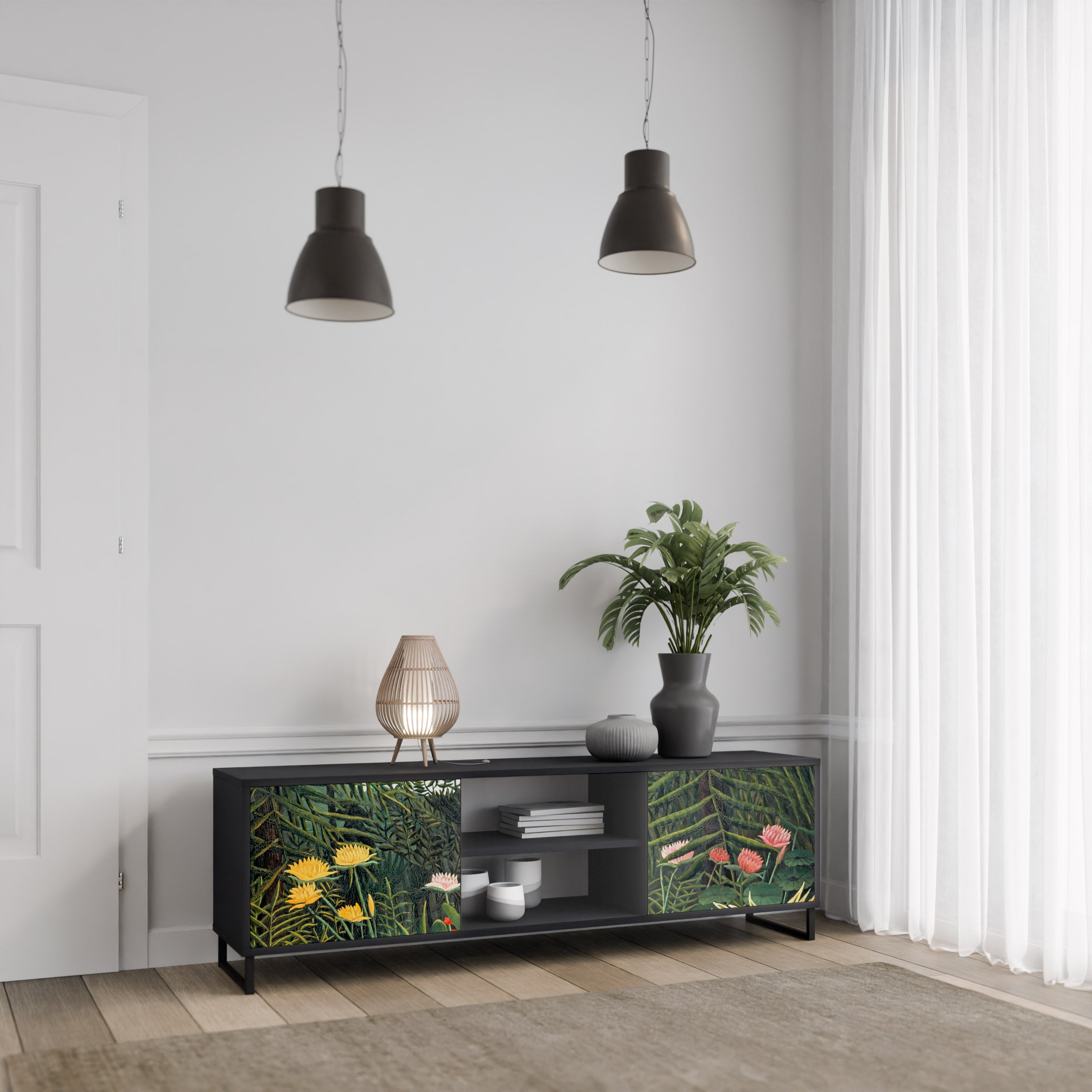 Mueble de TV de 2 puertas VIRGIN FOREST WITH SUNSET en acabado negro