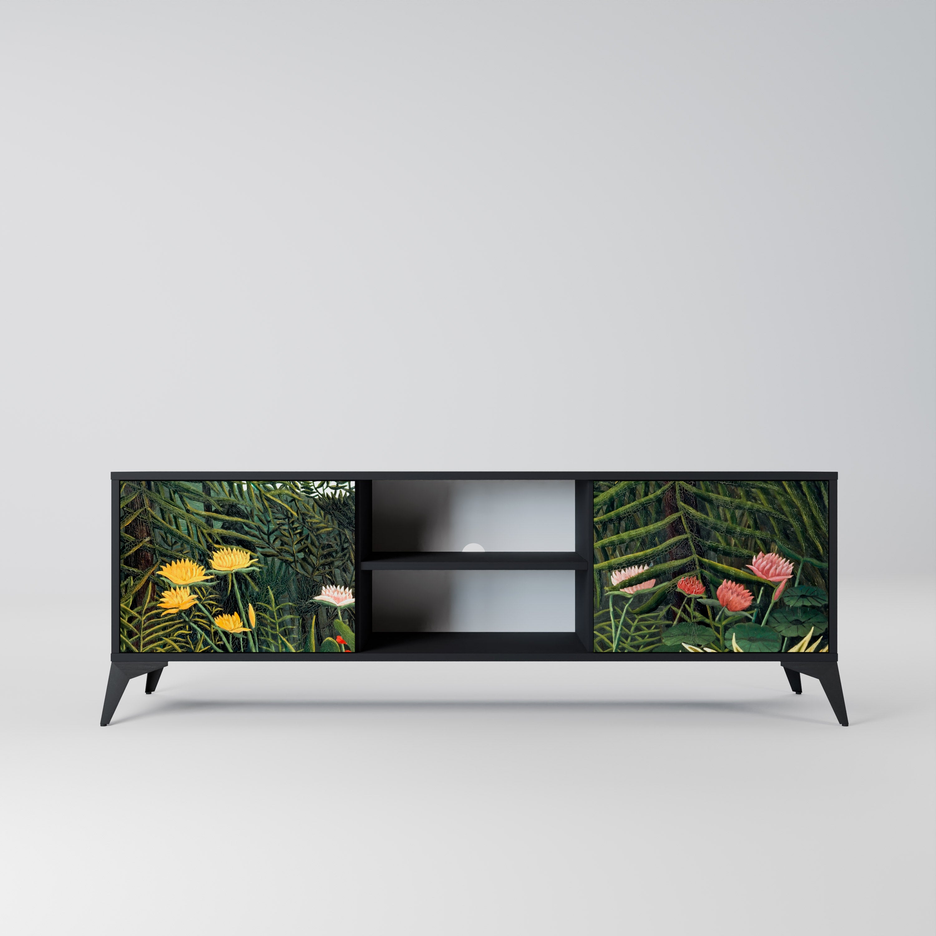 Mueble de TV de 2 puertas VIRGIN FOREST WITH SUNSET en acabado negro