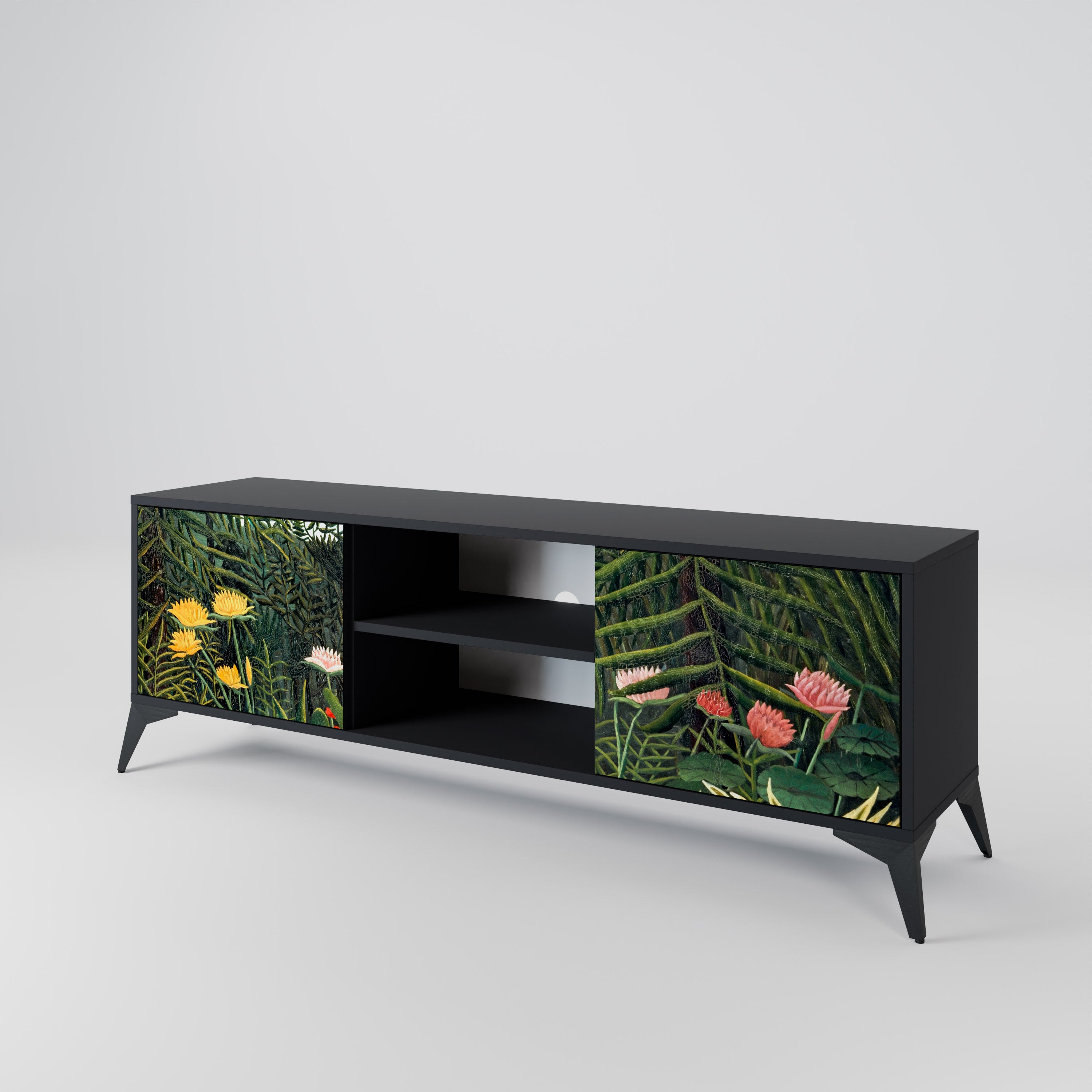 Mueble de TV de 2 puertas VIRGIN FOREST WITH SUNSET en acabado negro