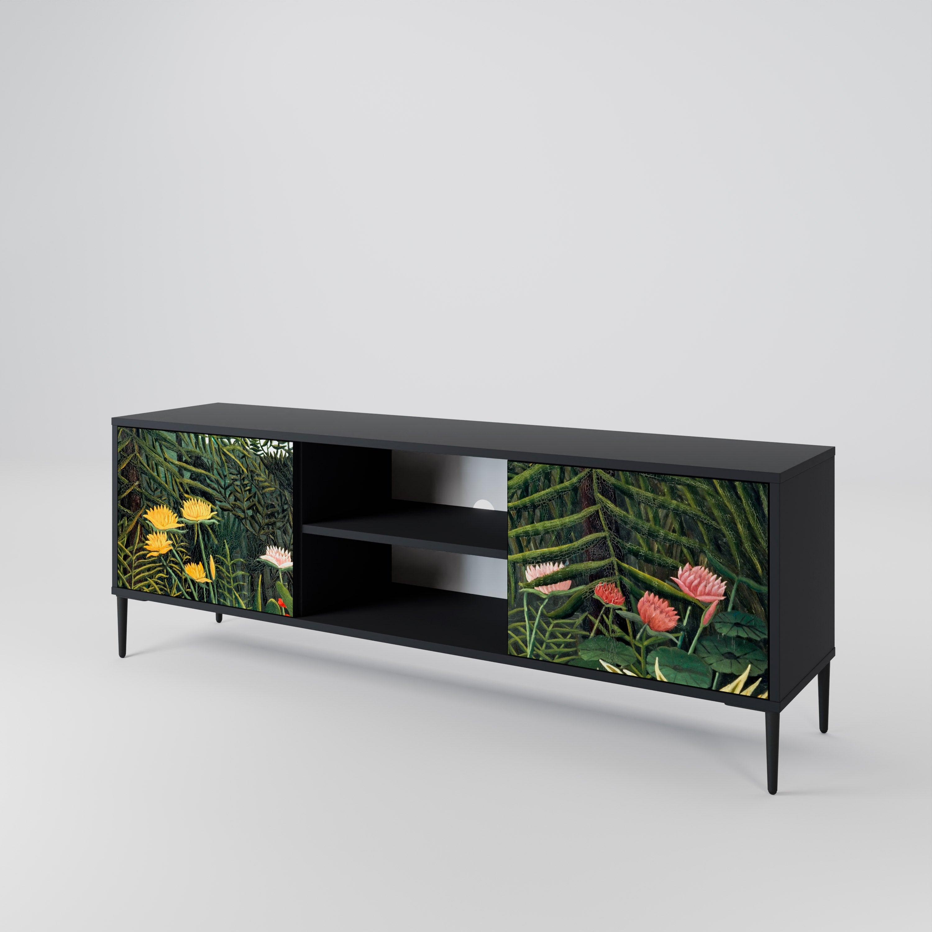 Mueble de TV de 2 puertas VIRGIN FOREST WITH SUNSET en acabado negro