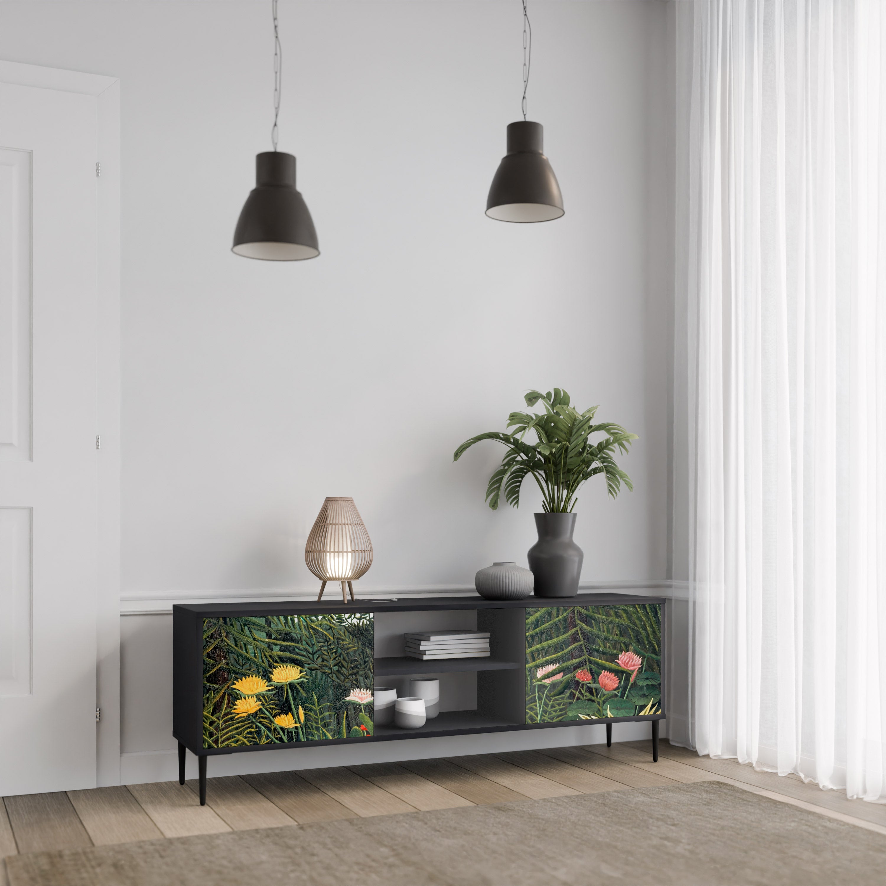 Mueble de TV de 2 puertas VIRGIN FOREST WITH SUNSET en acabado negro