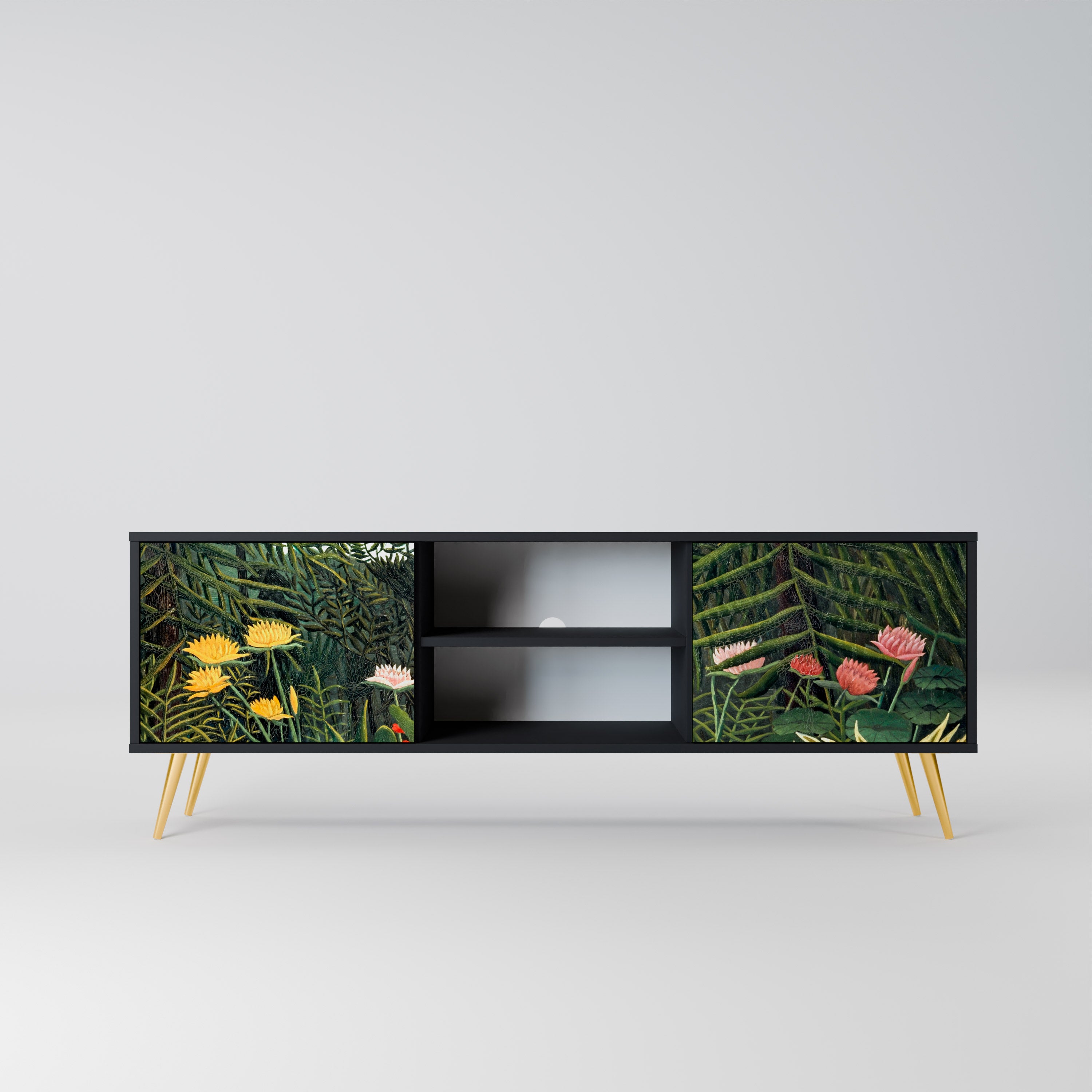Mueble de TV de 2 puertas VIRGIN FOREST WITH SUNSET en acabado negro