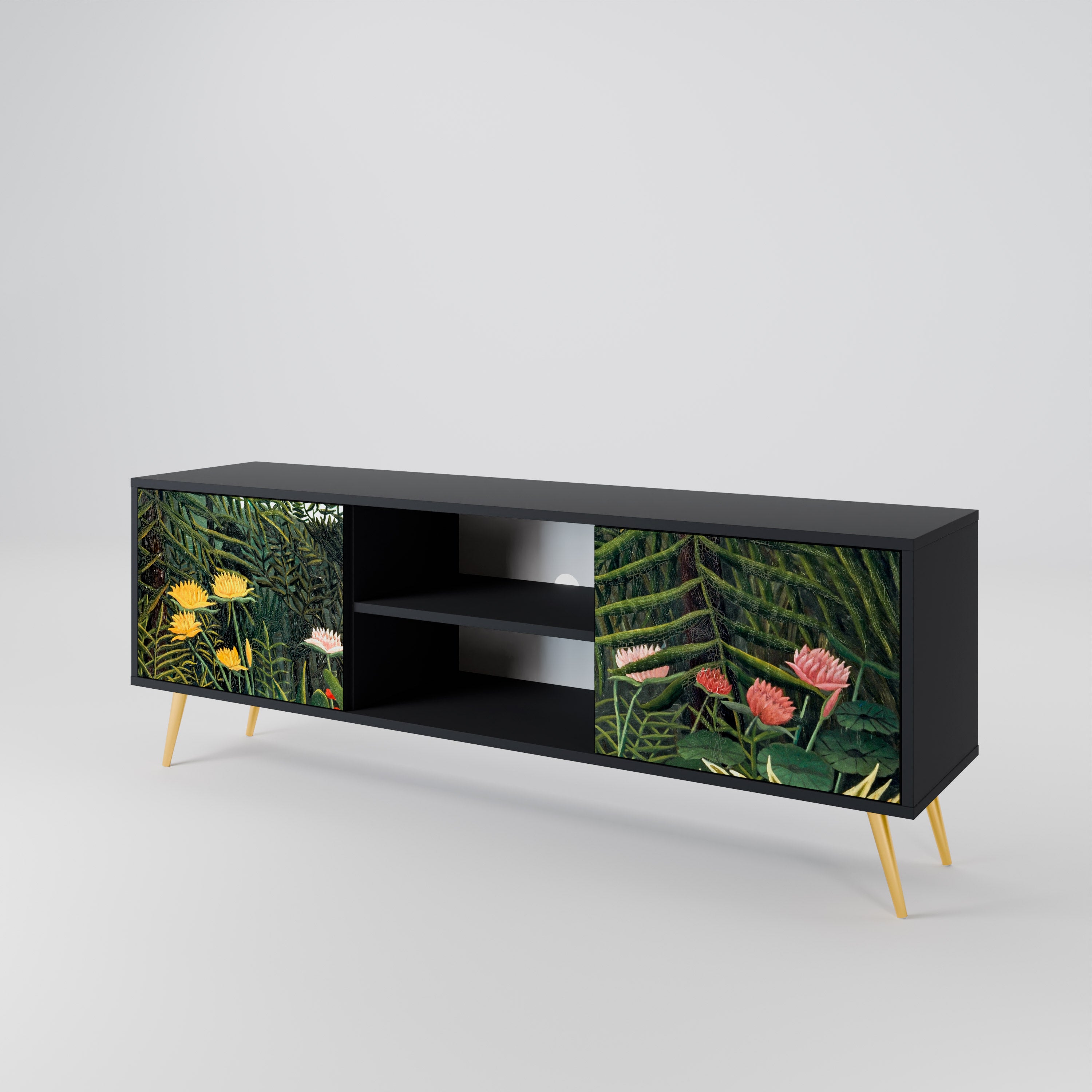 Mueble de TV de 2 puertas VIRGIN FOREST WITH SUNSET en acabado negro
