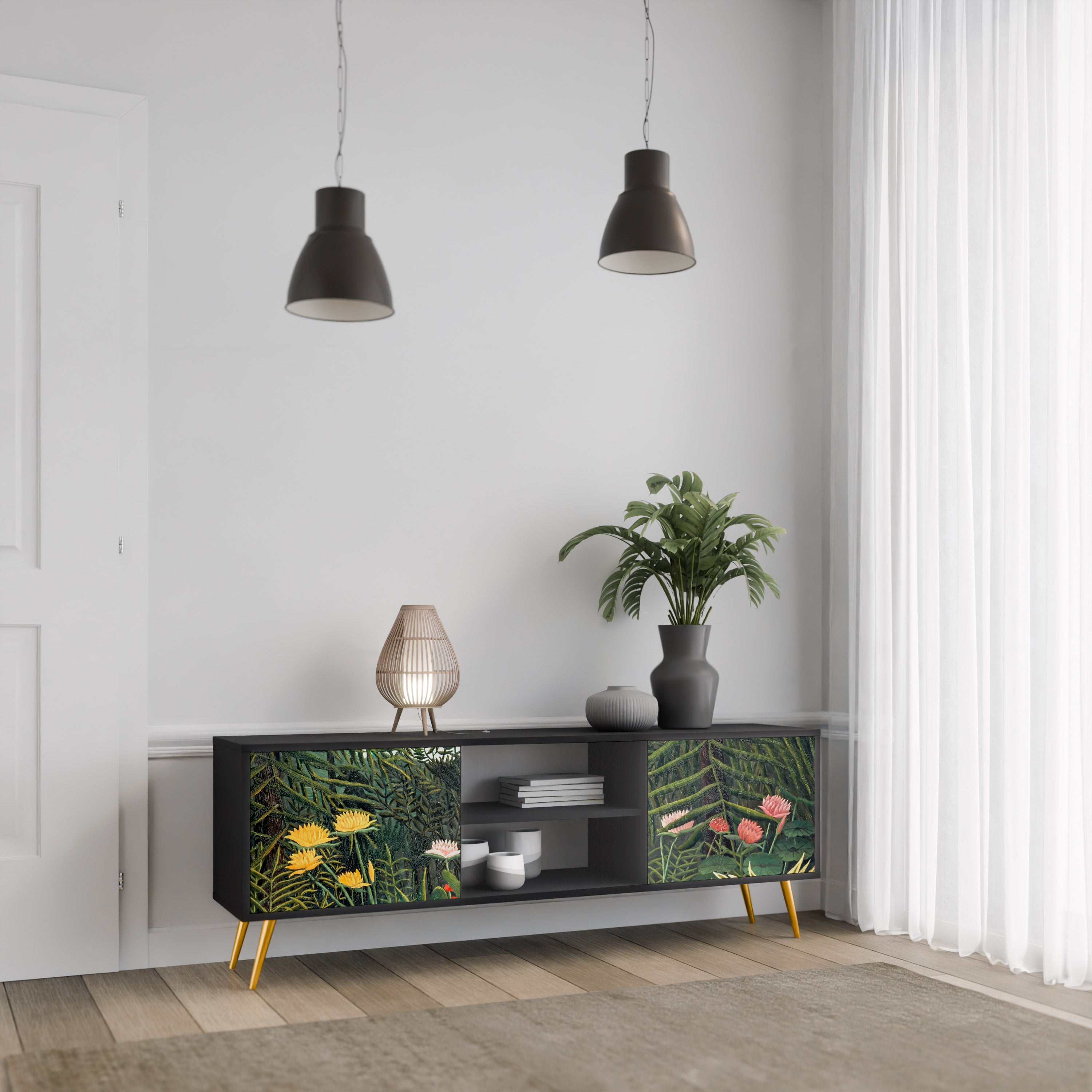 Mueble de TV de 2 puertas VIRGIN FOREST WITH SUNSET en acabado negro