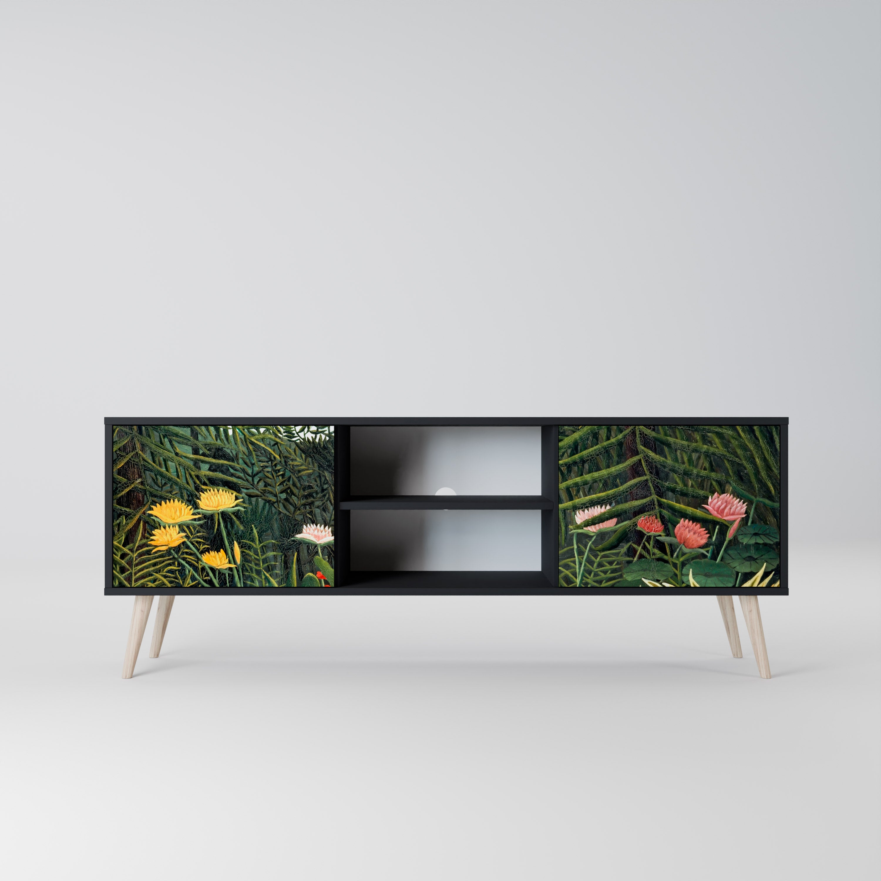 Mueble de TV de 2 puertas VIRGIN FOREST WITH SUNSET en acabado negro