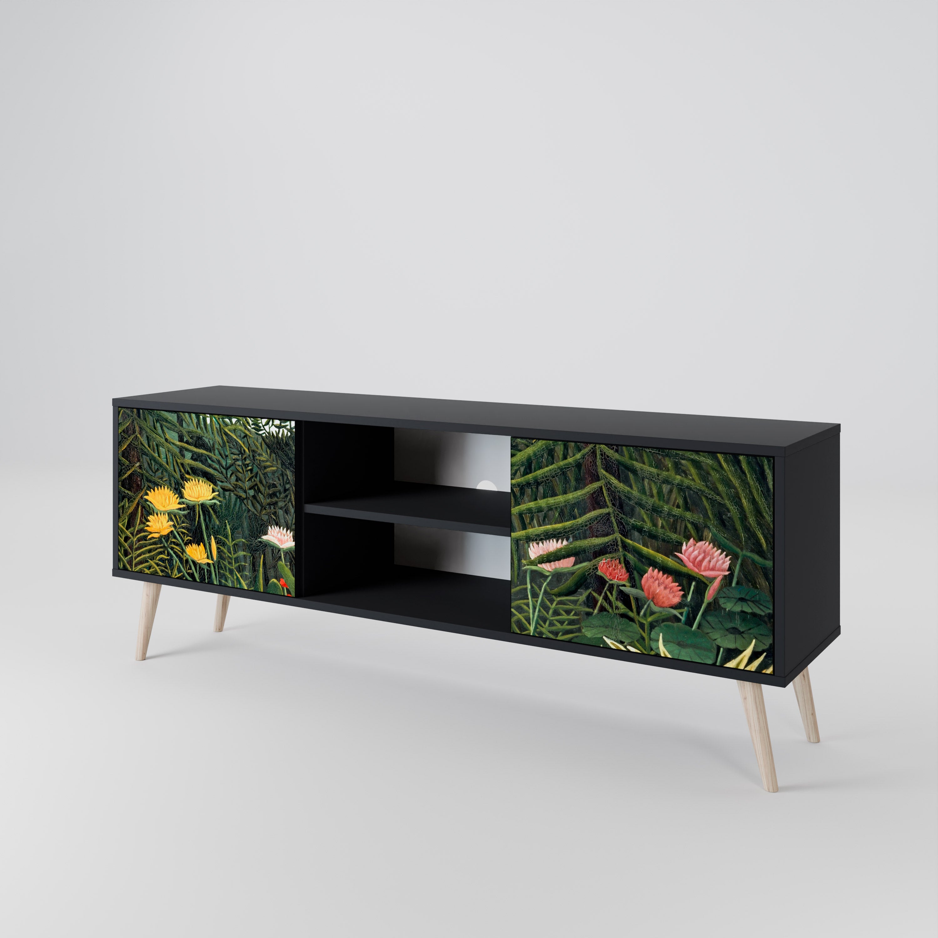 Mueble de TV de 2 puertas VIRGIN FOREST WITH SUNSET en acabado negro
