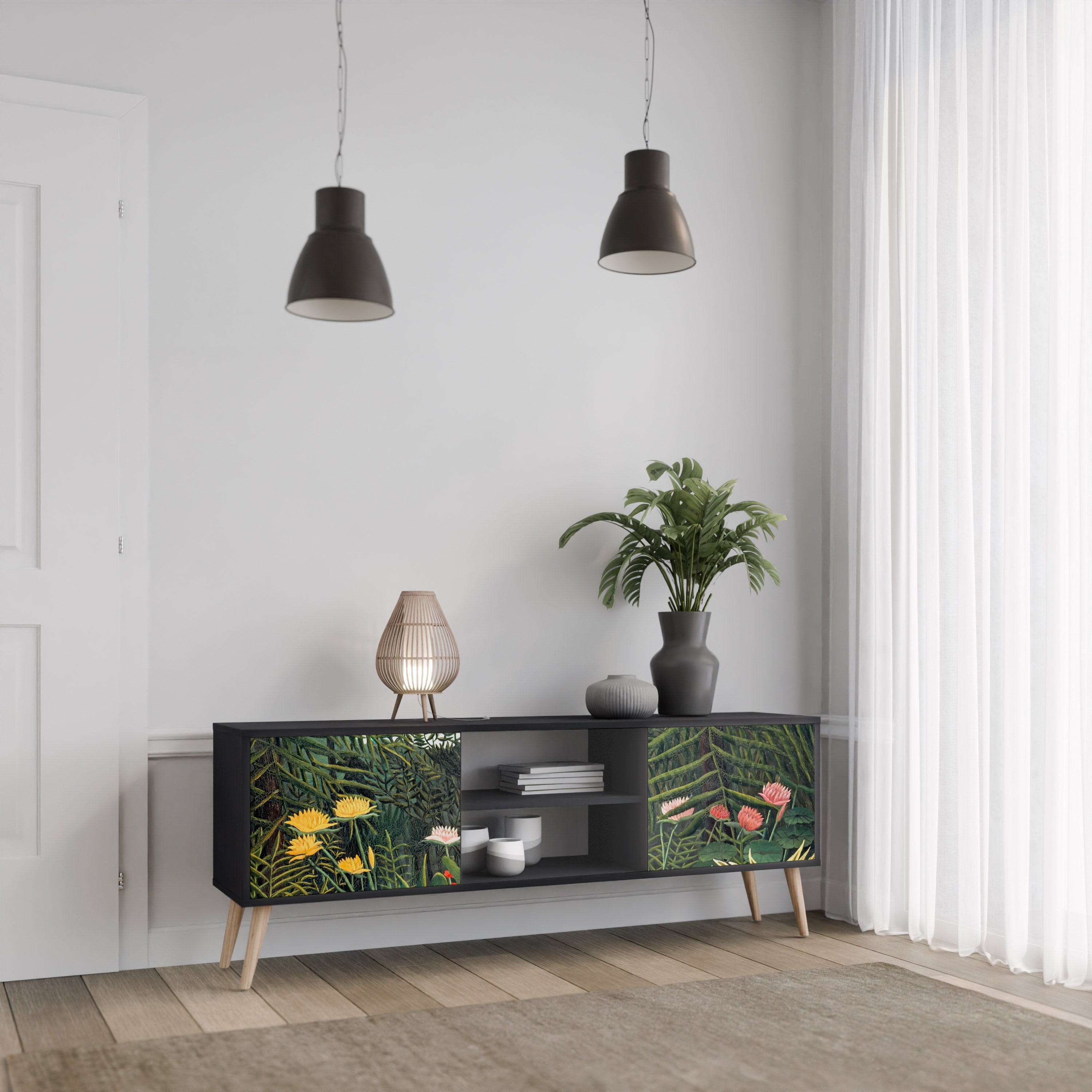 Mueble de TV de 2 puertas VIRGIN FOREST WITH SUNSET en acabado negro