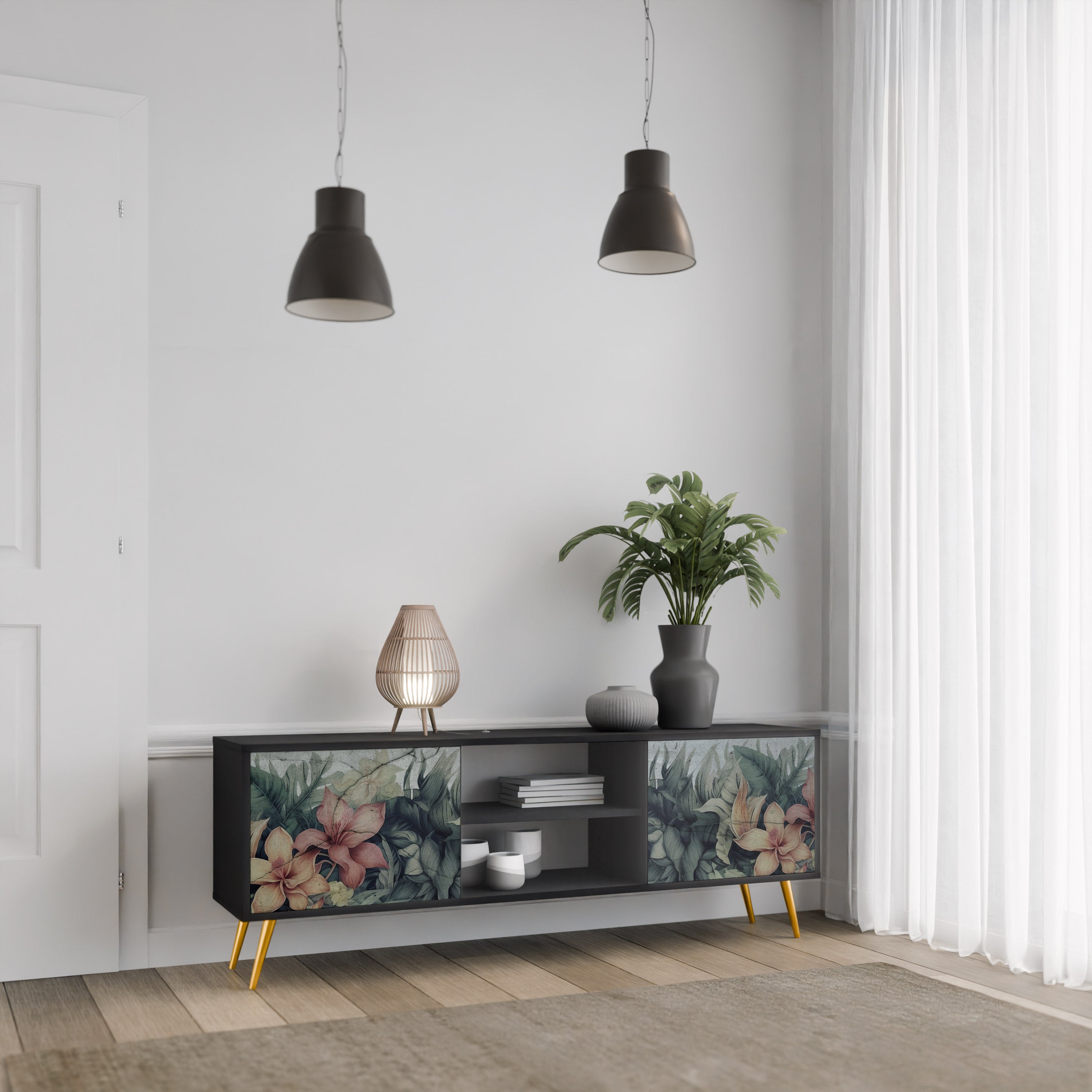 Mueble de TV de 2 puertas HEAVENLY BLOOM en acabado negro