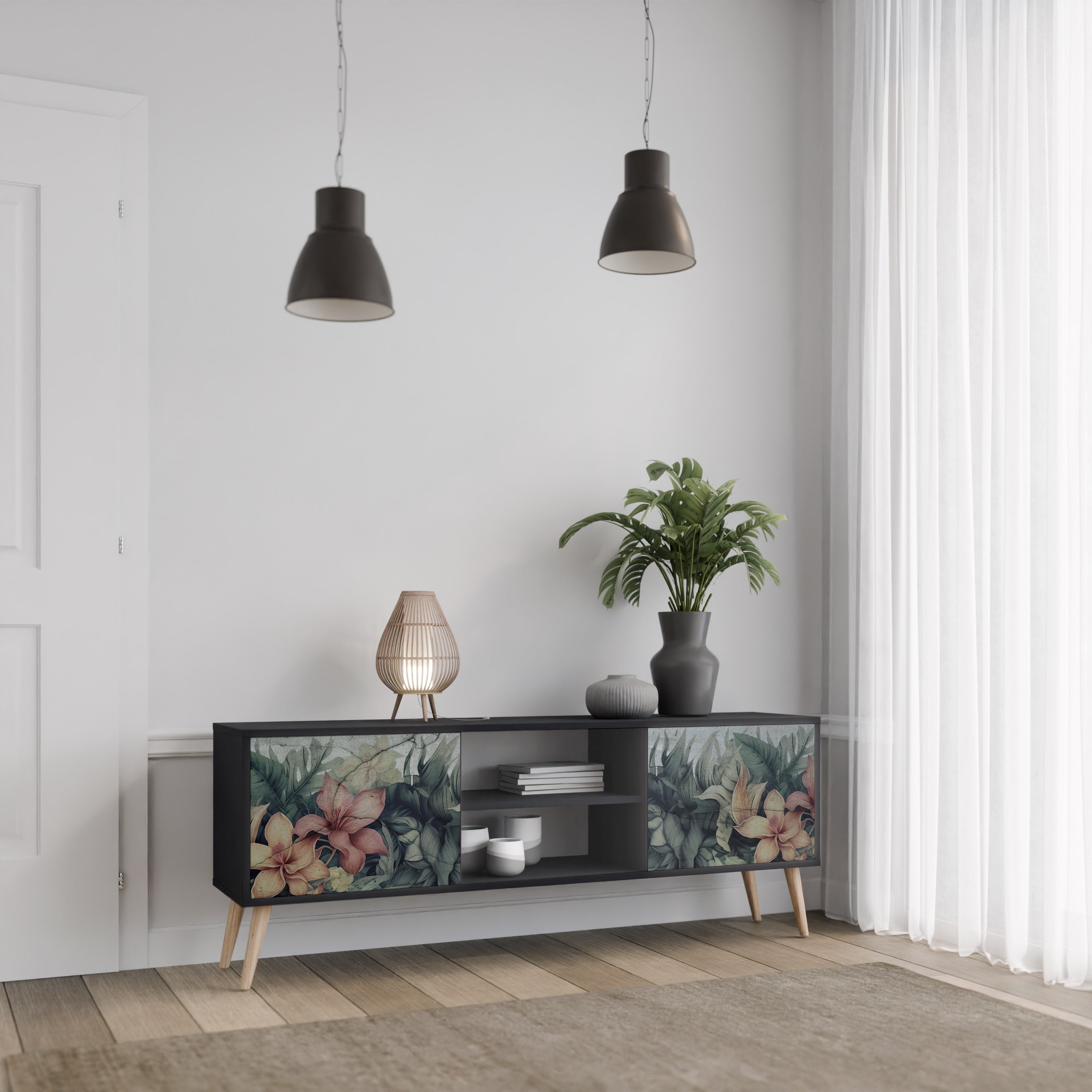 Mueble de TV de 2 puertas HEAVENLY BLOOM en acabado negro