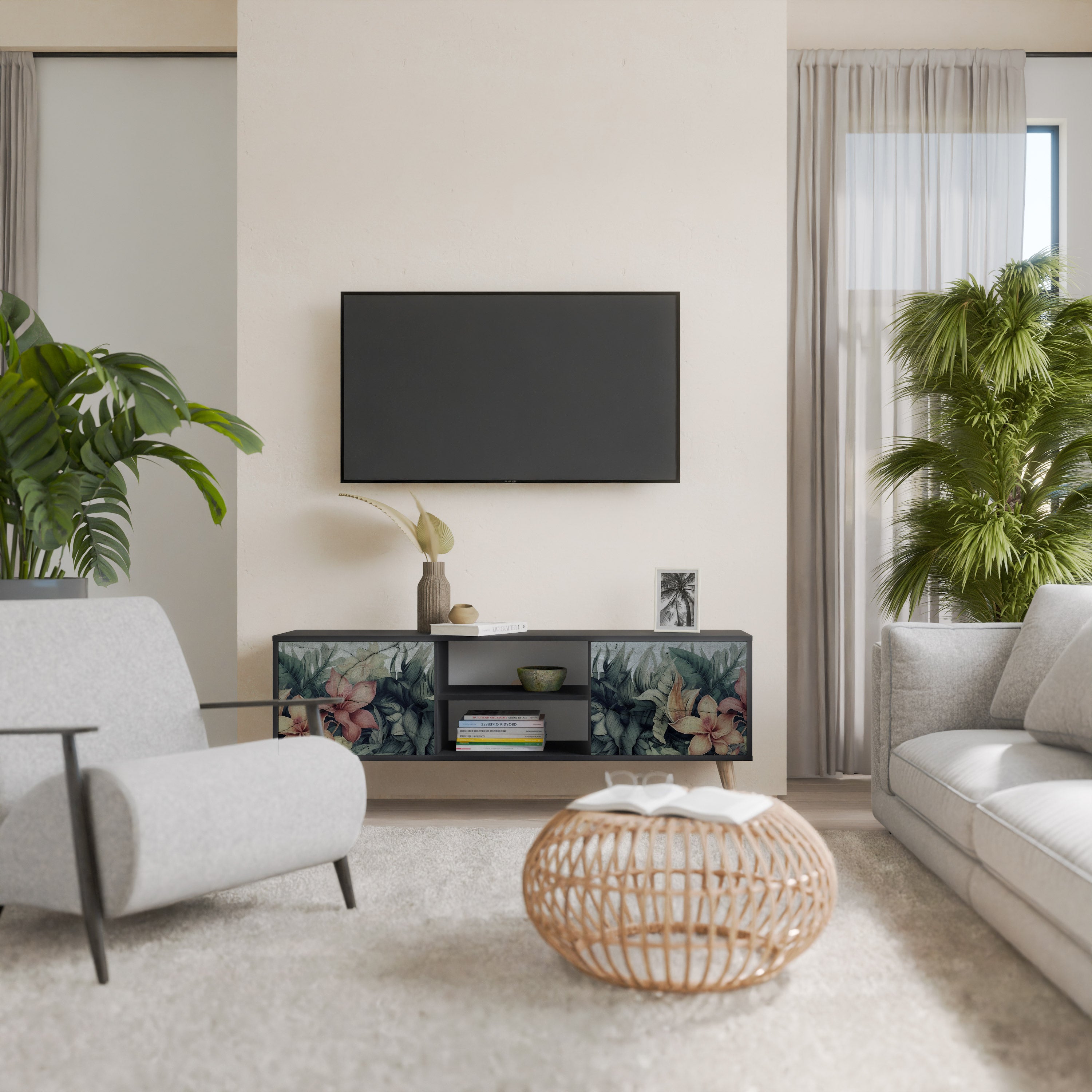 Mueble de TV de 2 puertas HEAVENLY BLOOM en acabado negro