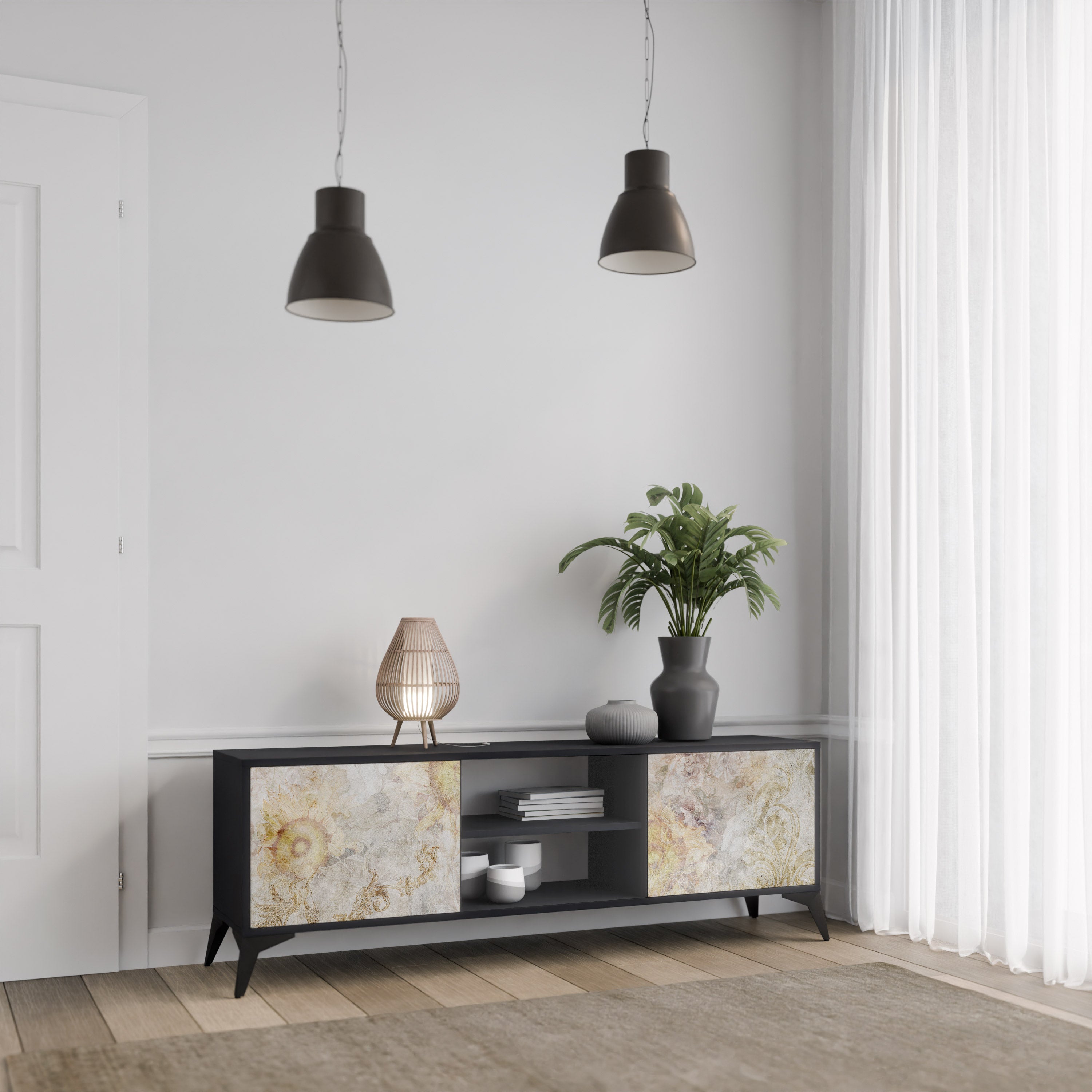Mueble de TV de 2 puertas SUNFLOWER BLUR con acabado negro