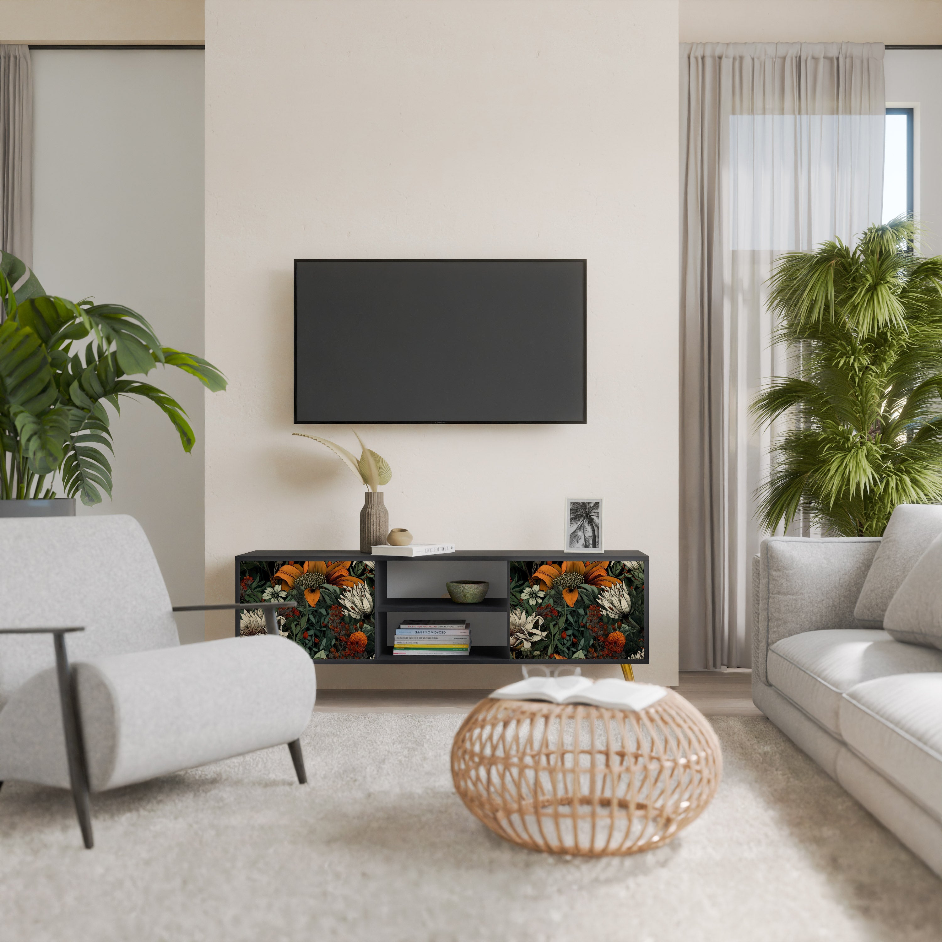 Mueble de TV de 2 puertas MIDNIGHT SPROUT con acabado negro