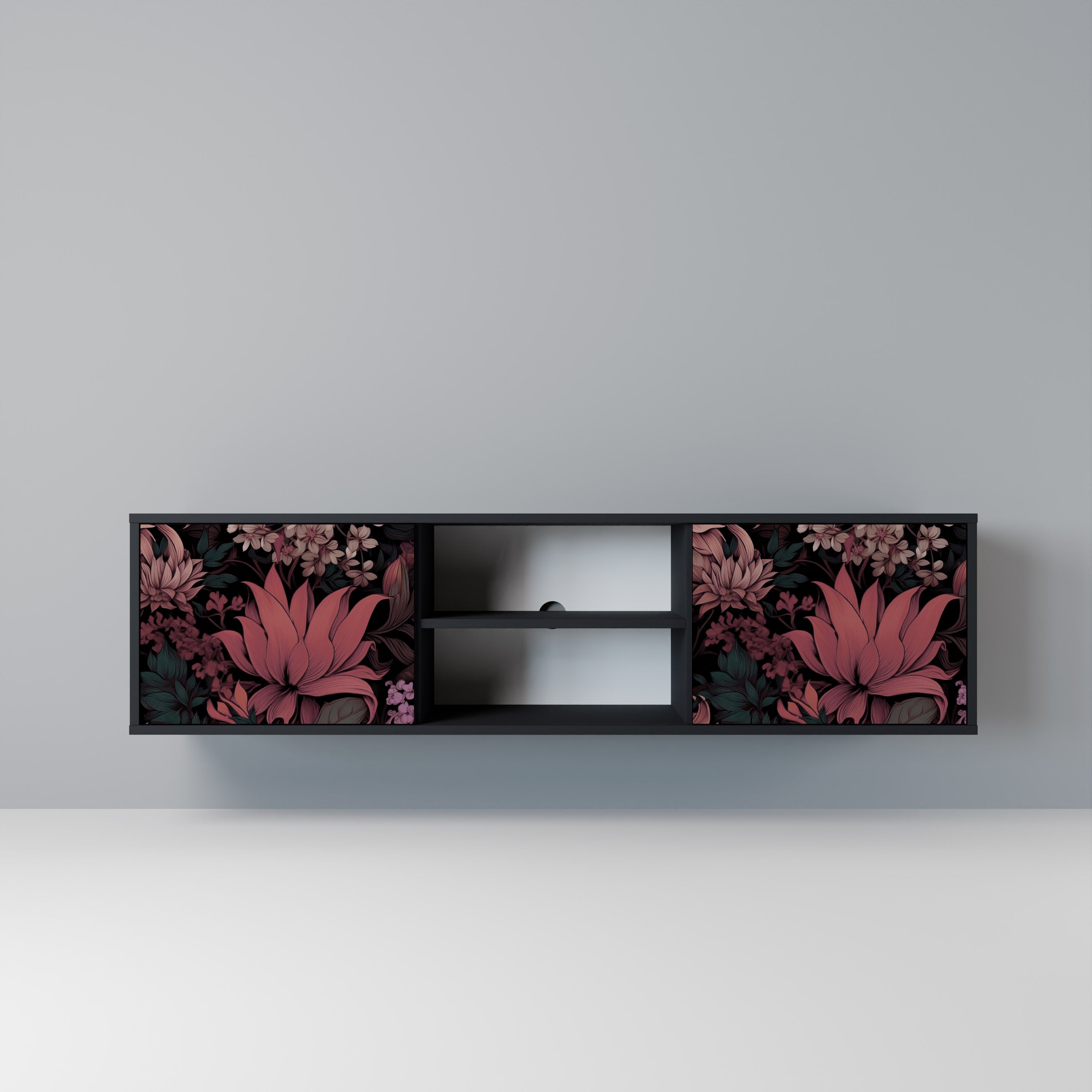 Mueble de TV de 2 puertas FLORAL WHISPER con acabado negro