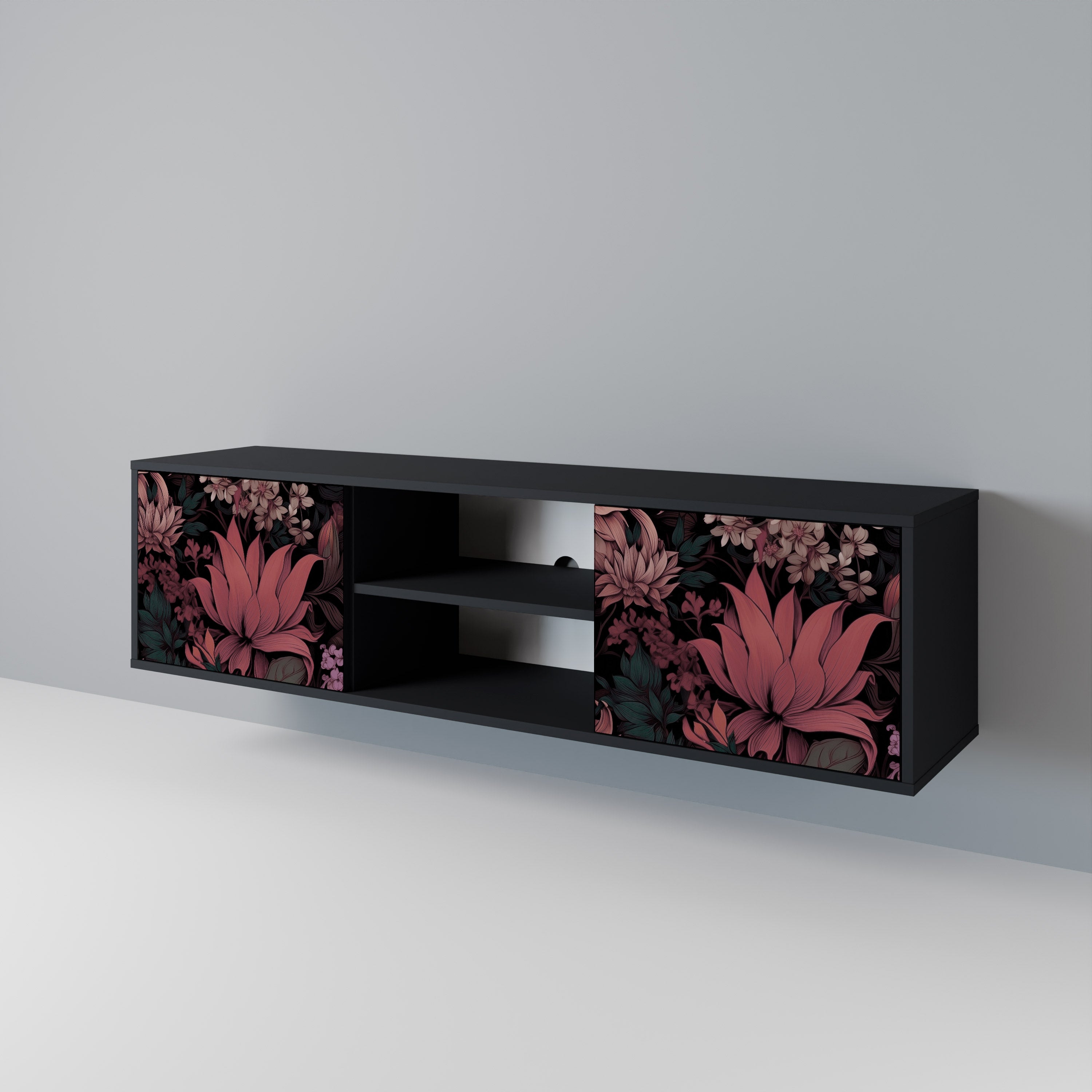 Mueble de TV de 2 puertas FLORAL WHISPER con acabado negro