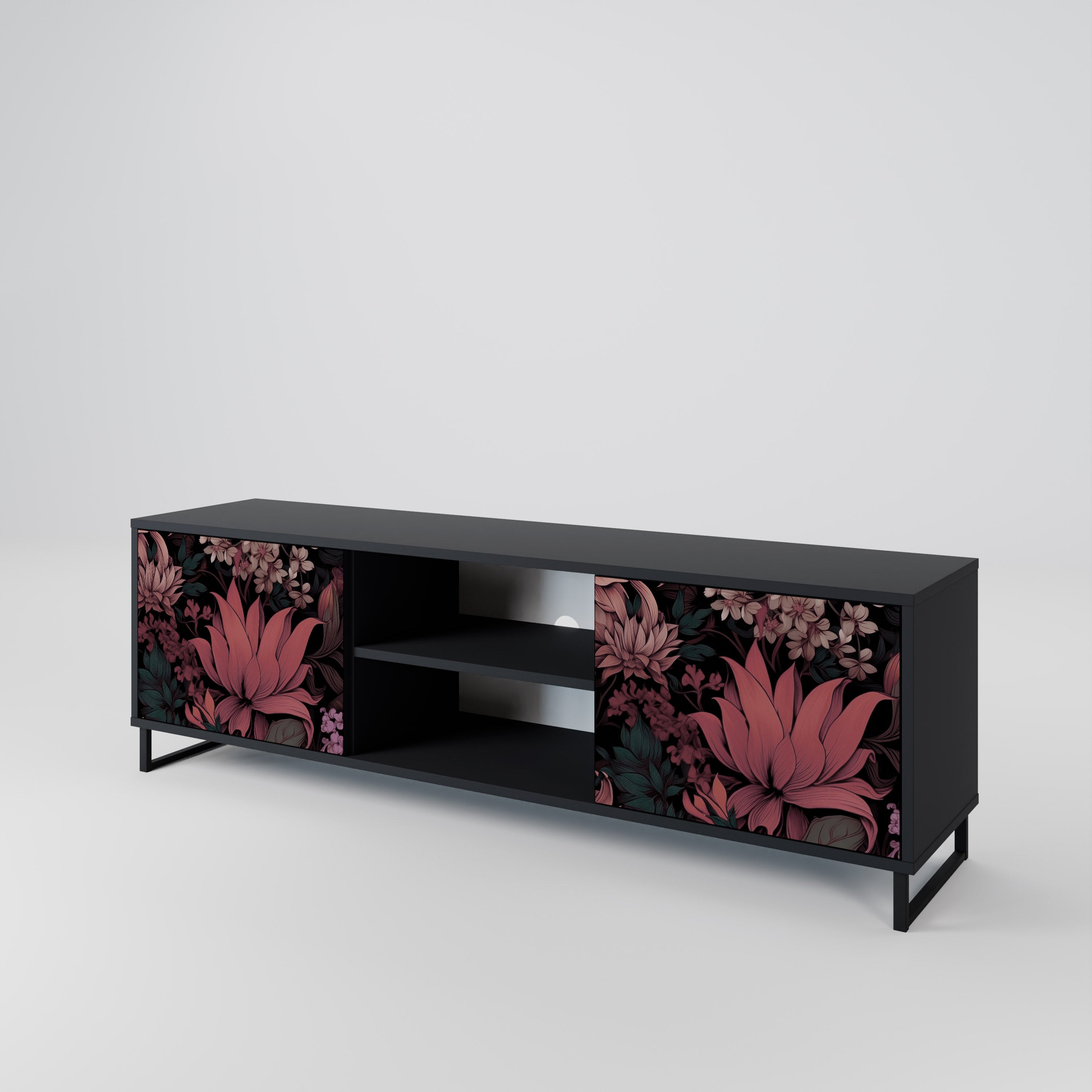 Mueble de TV de 2 puertas FLORAL WHISPER con acabado negro