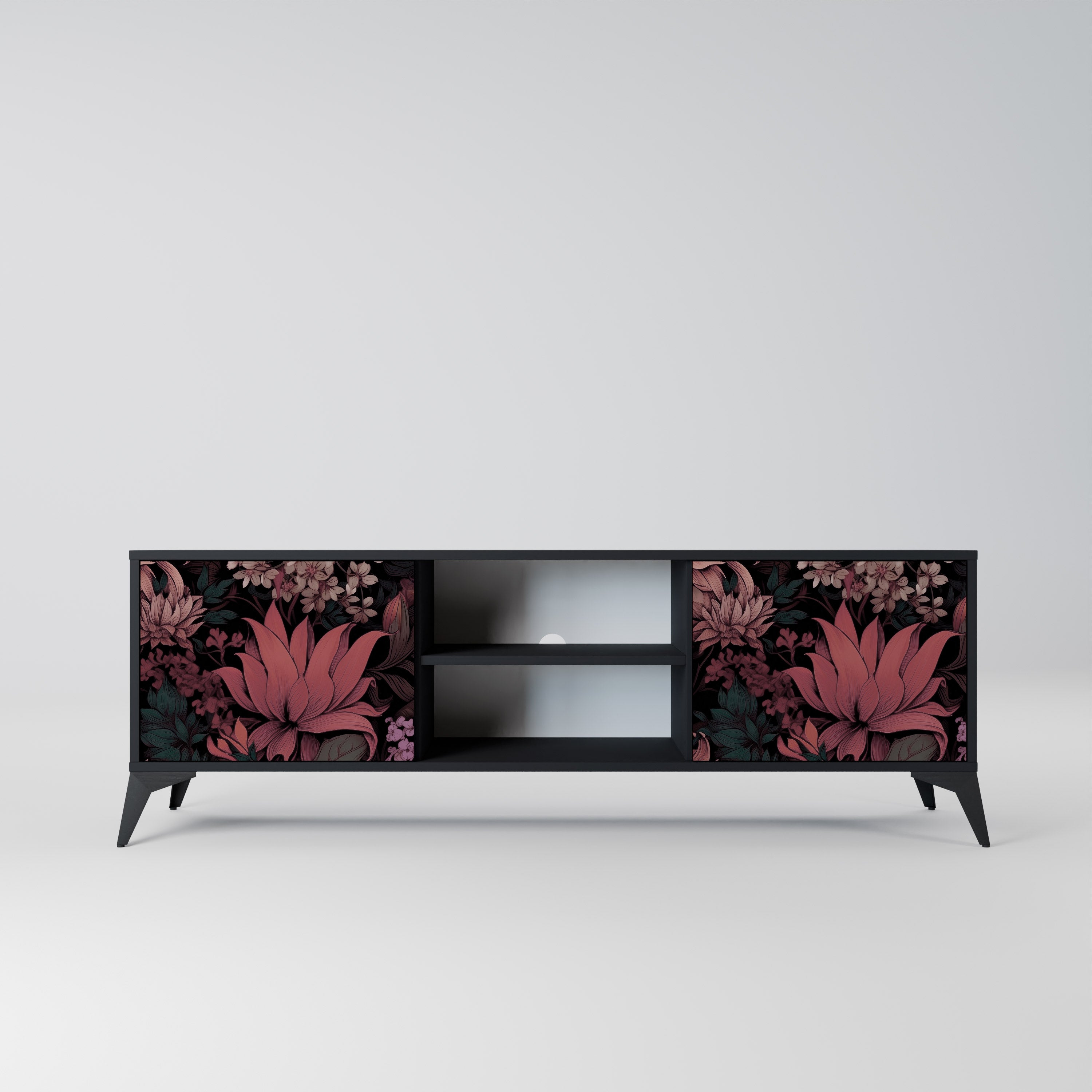 Mueble de TV de 2 puertas FLORAL WHISPER con acabado negro
