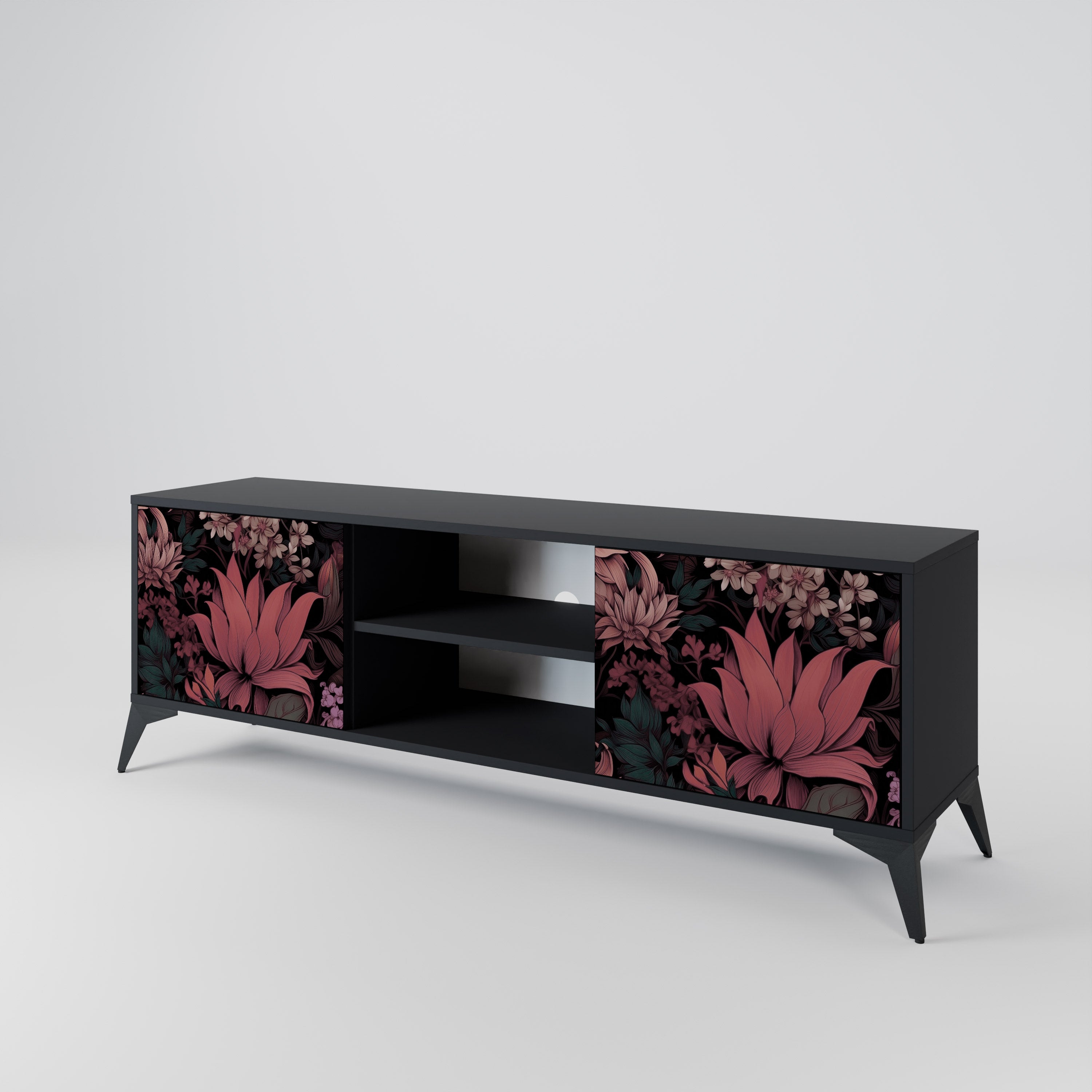 Mueble de TV de 2 puertas FLORAL WHISPER con acabado negro