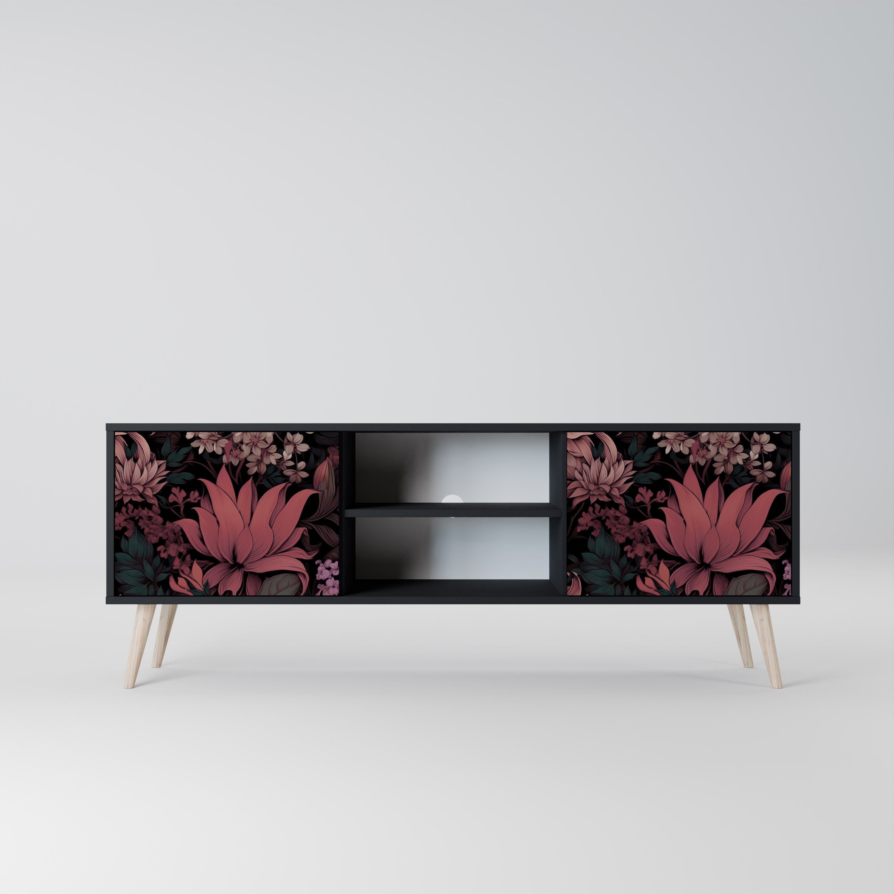 Mueble de TV de 2 puertas FLORAL WHISPER con acabado negro