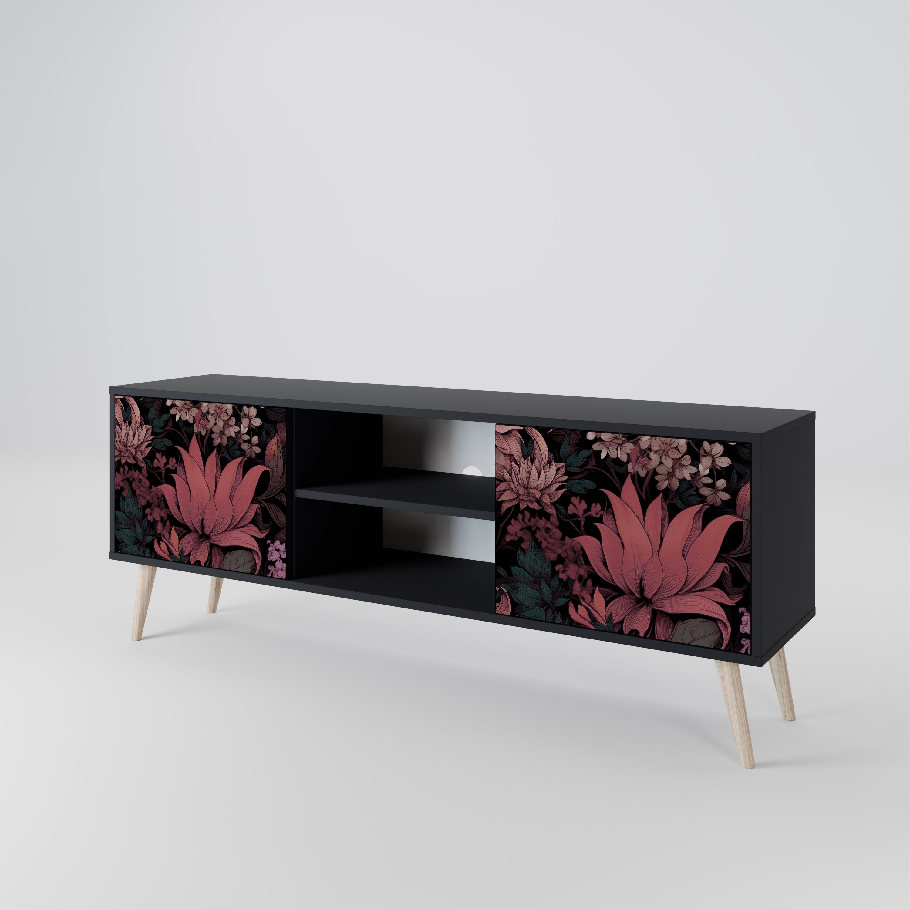 Mueble de TV de 2 puertas FLORAL WHISPER con acabado negro