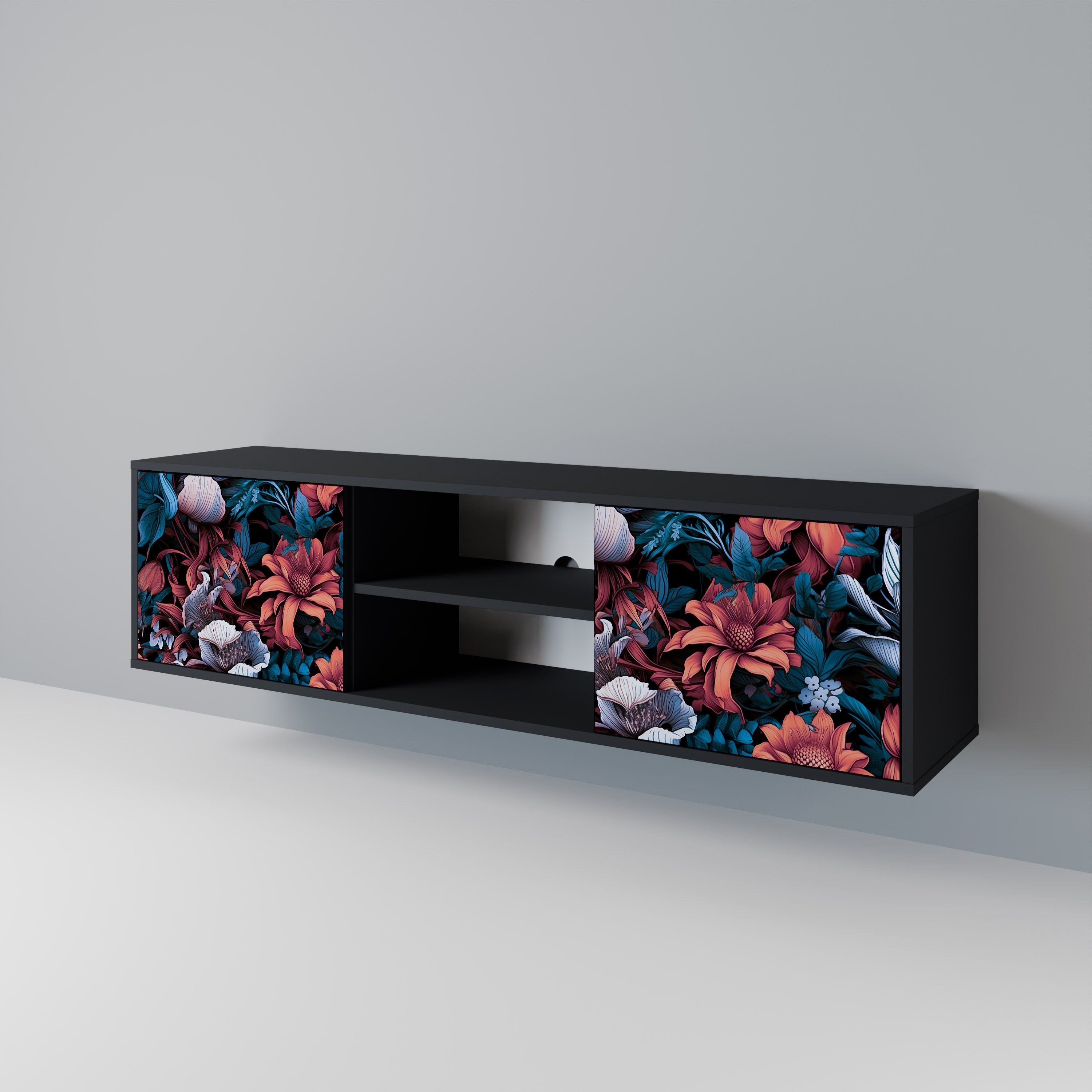 Mueble de TV de dos puertas ETHEREAL BLOSSOMS con acabado negro