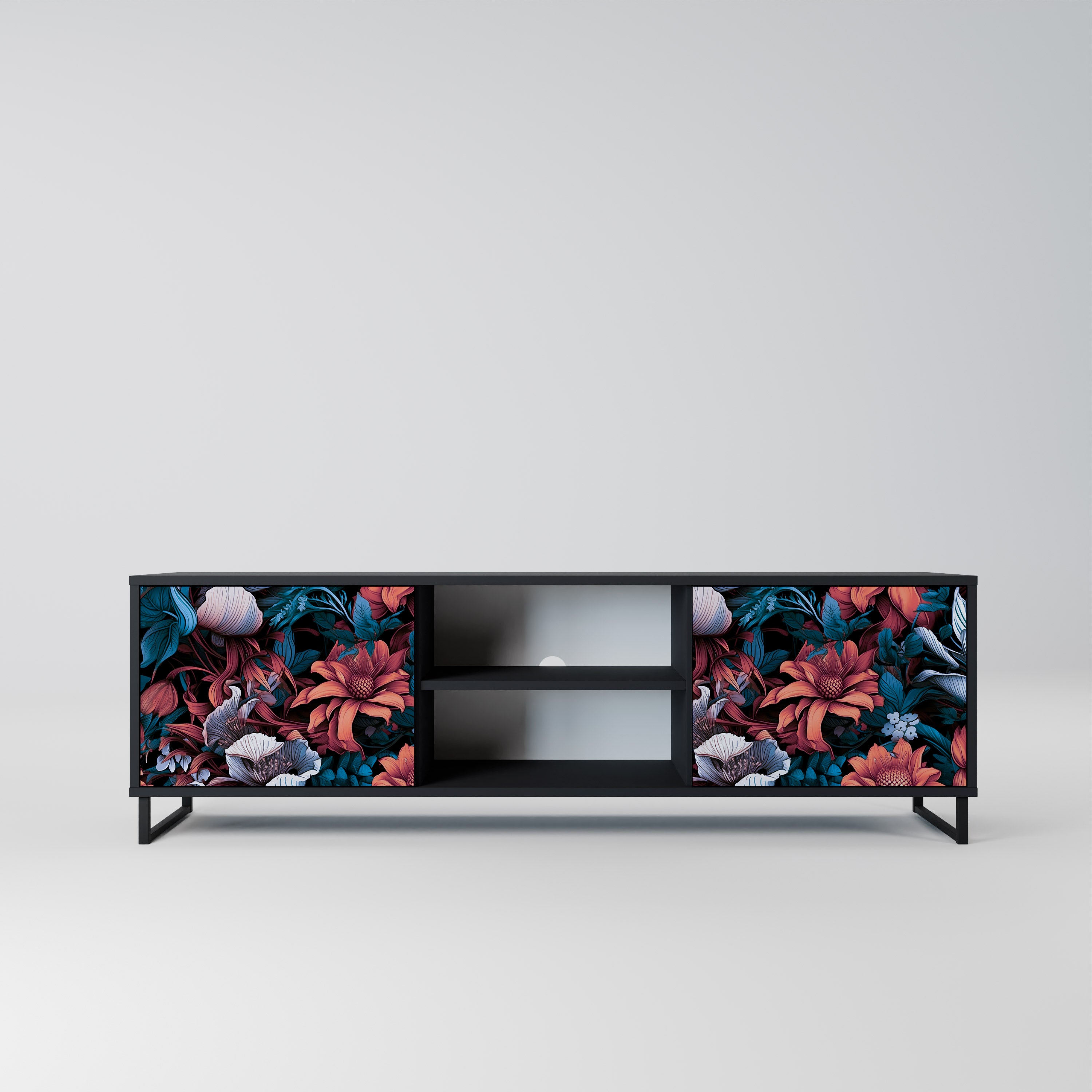 Mueble de TV de dos puertas ETHEREAL BLOSSOMS con acabado negro