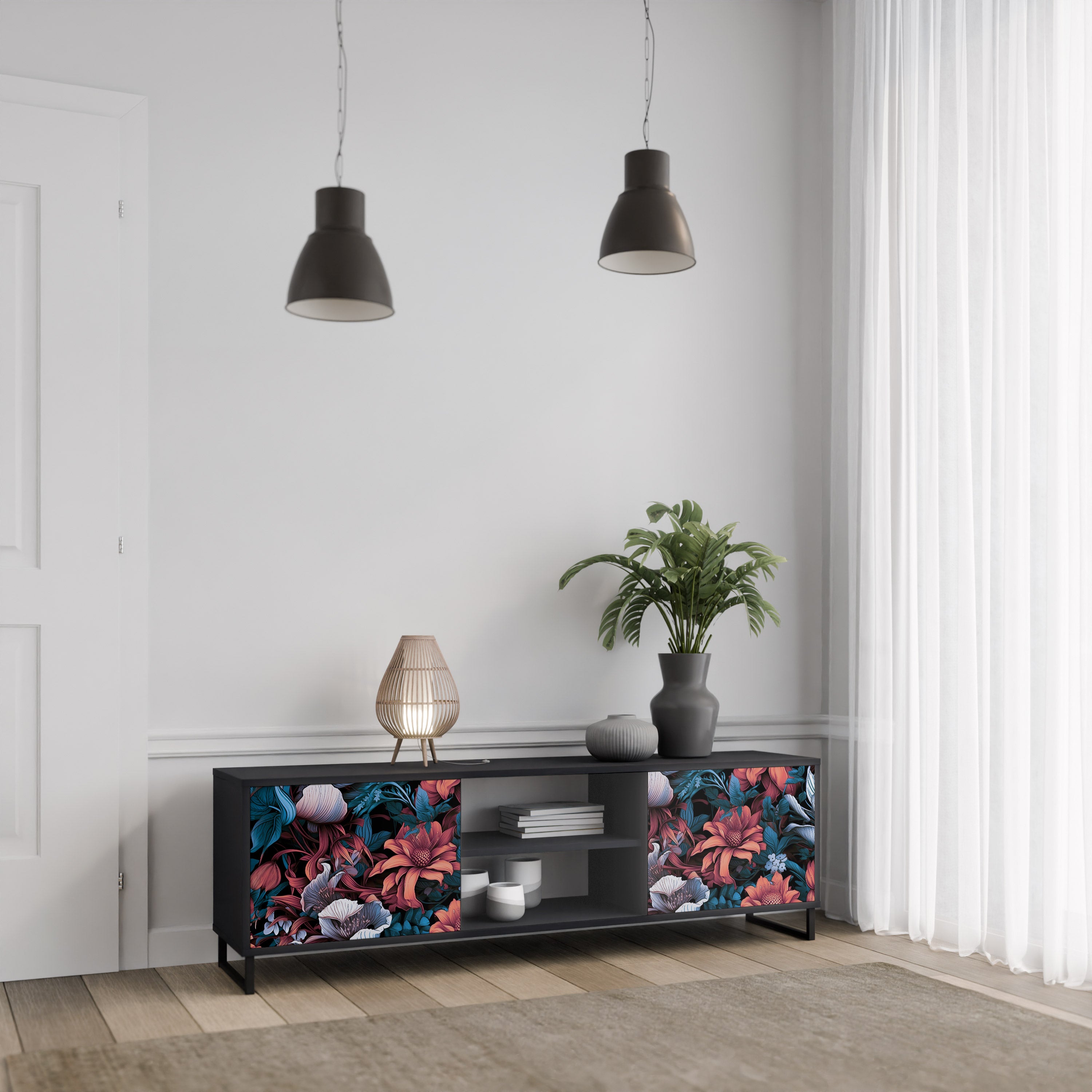 Mueble de TV de dos puertas ETHEREAL BLOSSOMS con acabado negro