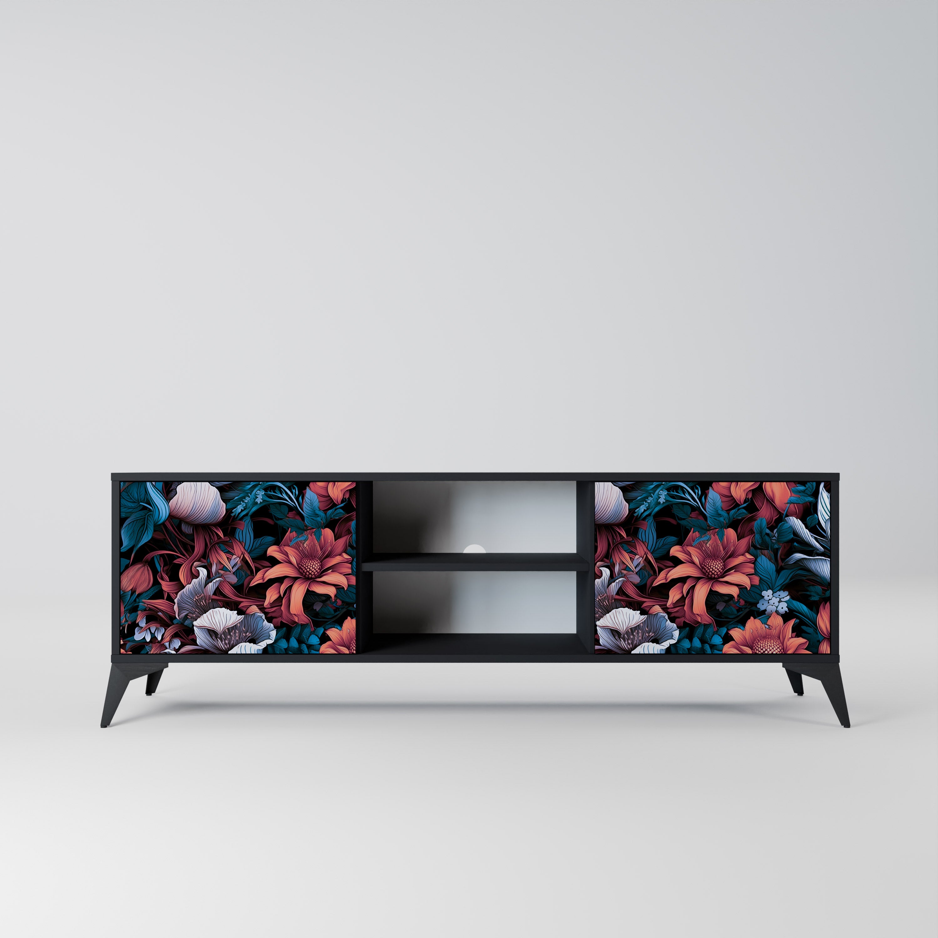 Mueble de TV de dos puertas ETHEREAL BLOSSOMS con acabado negro