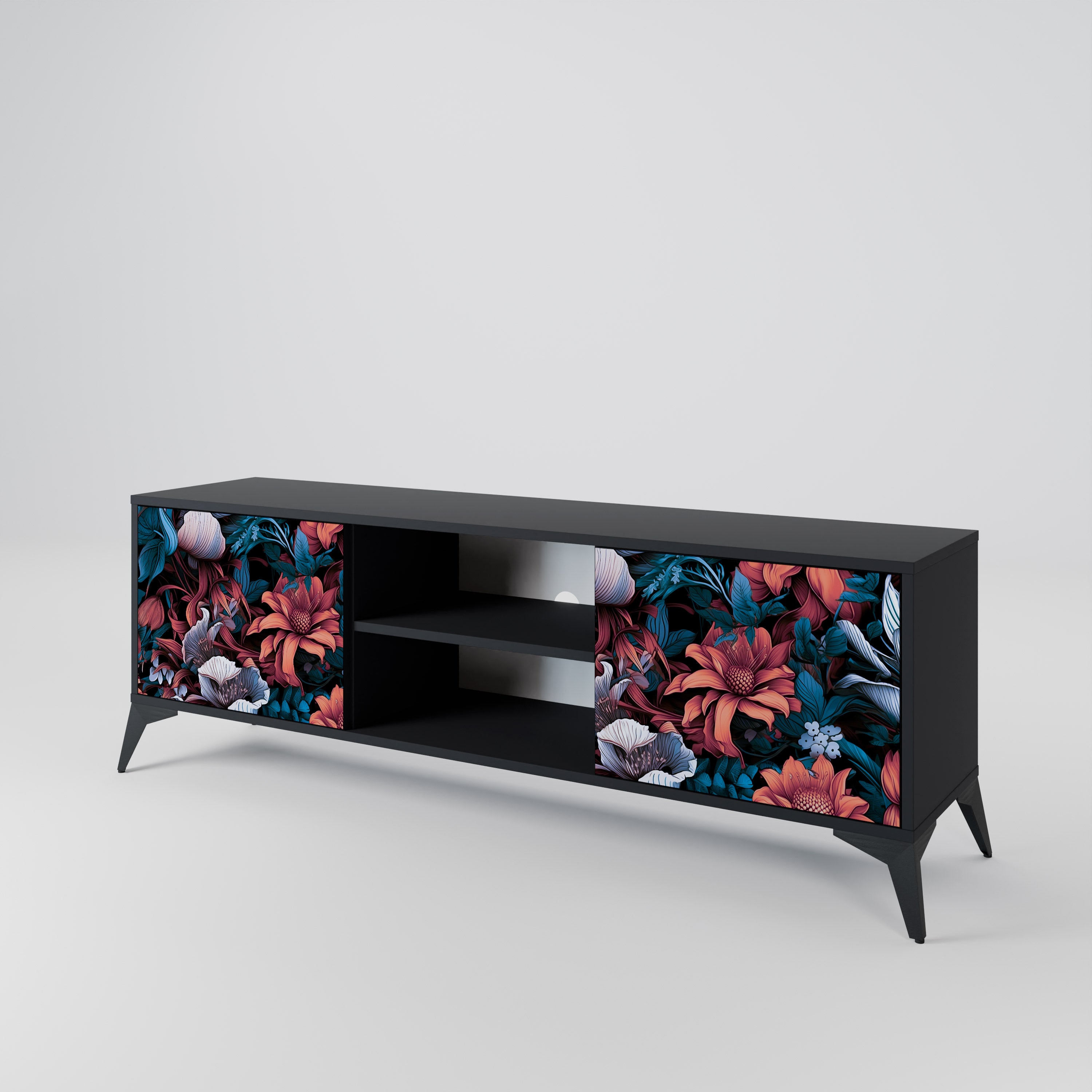 Mueble de TV de dos puertas ETHEREAL BLOSSOMS con acabado negro