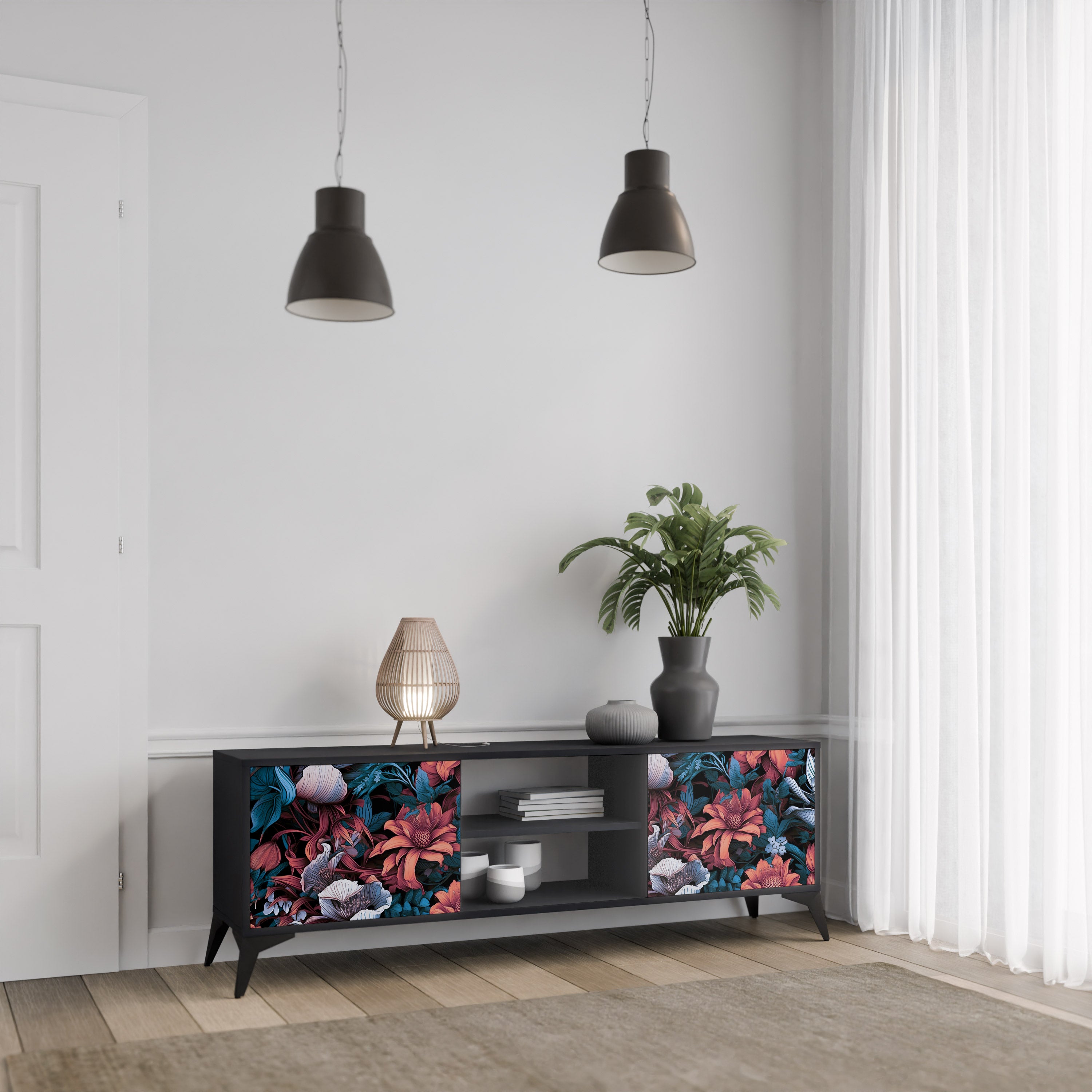Mueble de TV de dos puertas ETHEREAL BLOSSOMS con acabado negro