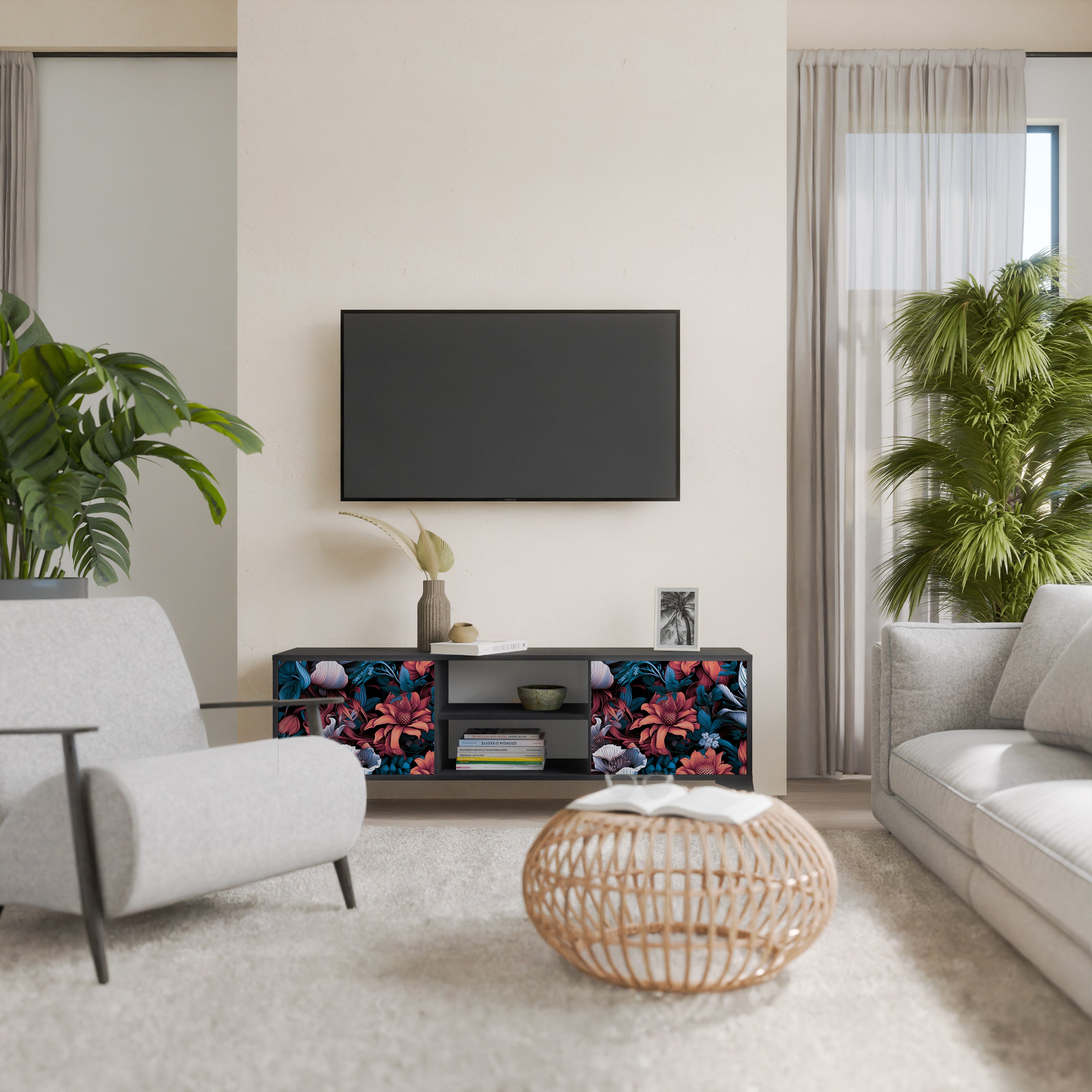 Mueble de TV de dos puertas ETHEREAL BLOSSOMS con acabado negro