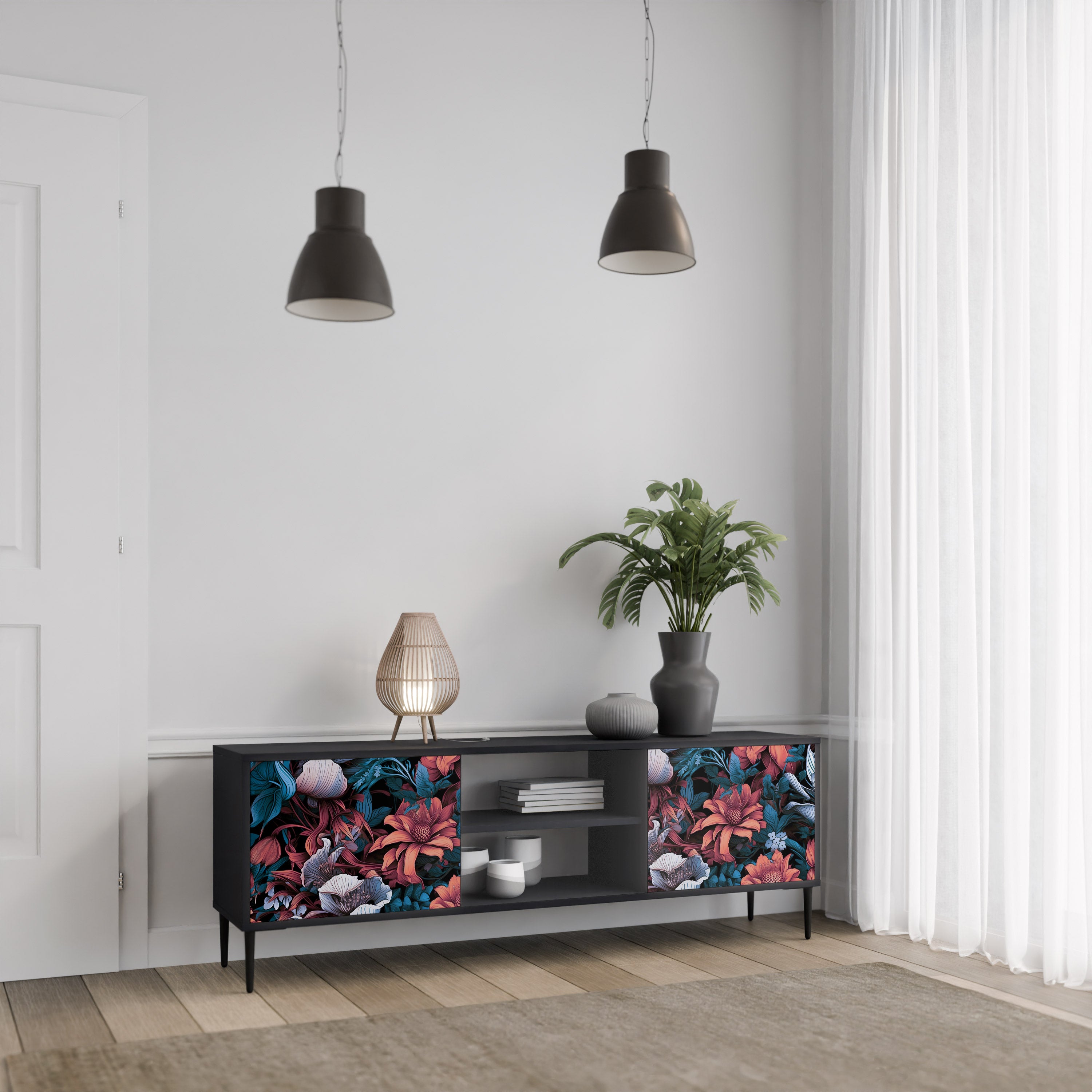 Mueble de TV de dos puertas ETHEREAL BLOSSOMS con acabado negro