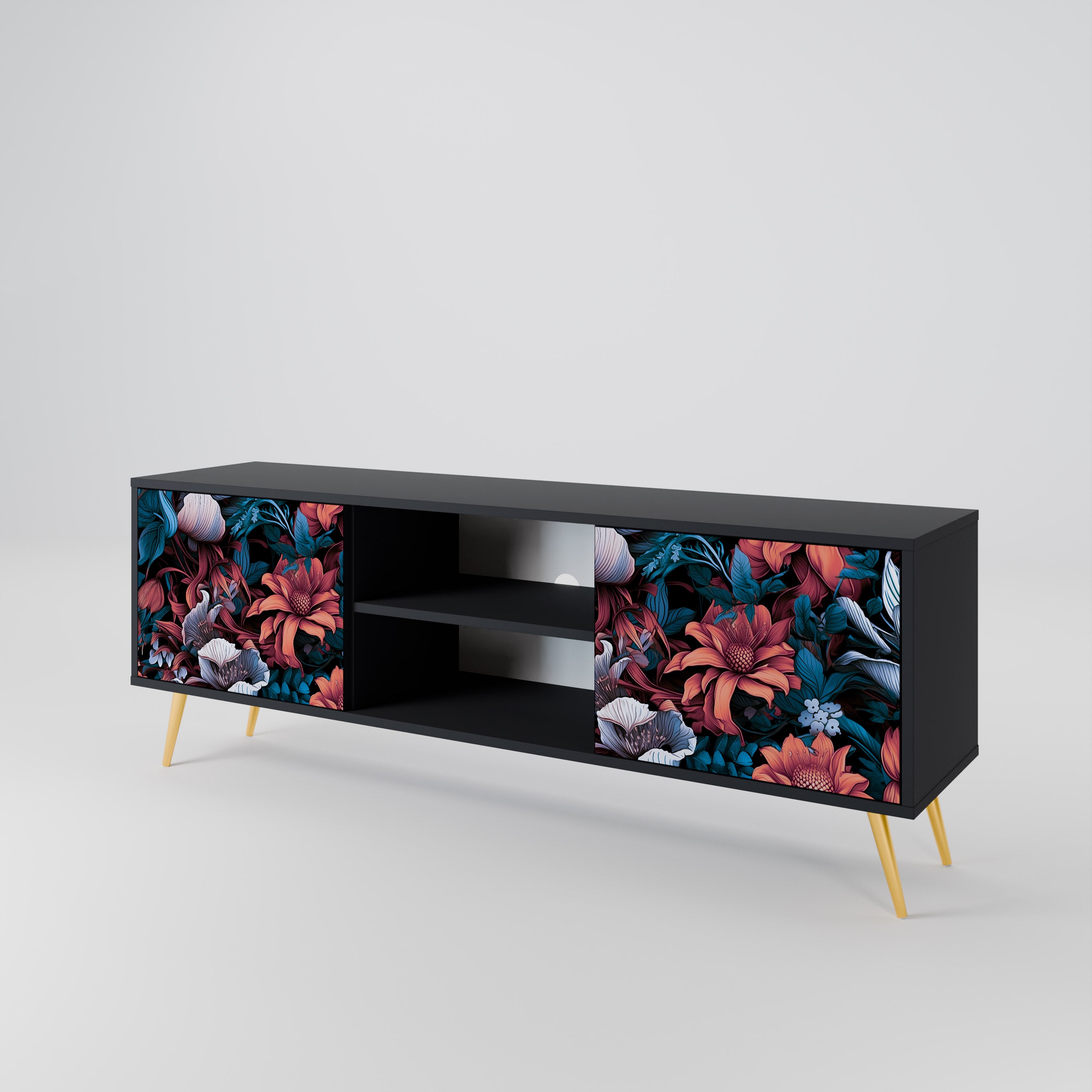 Mueble de TV de dos puertas ETHEREAL BLOSSOMS con acabado negro