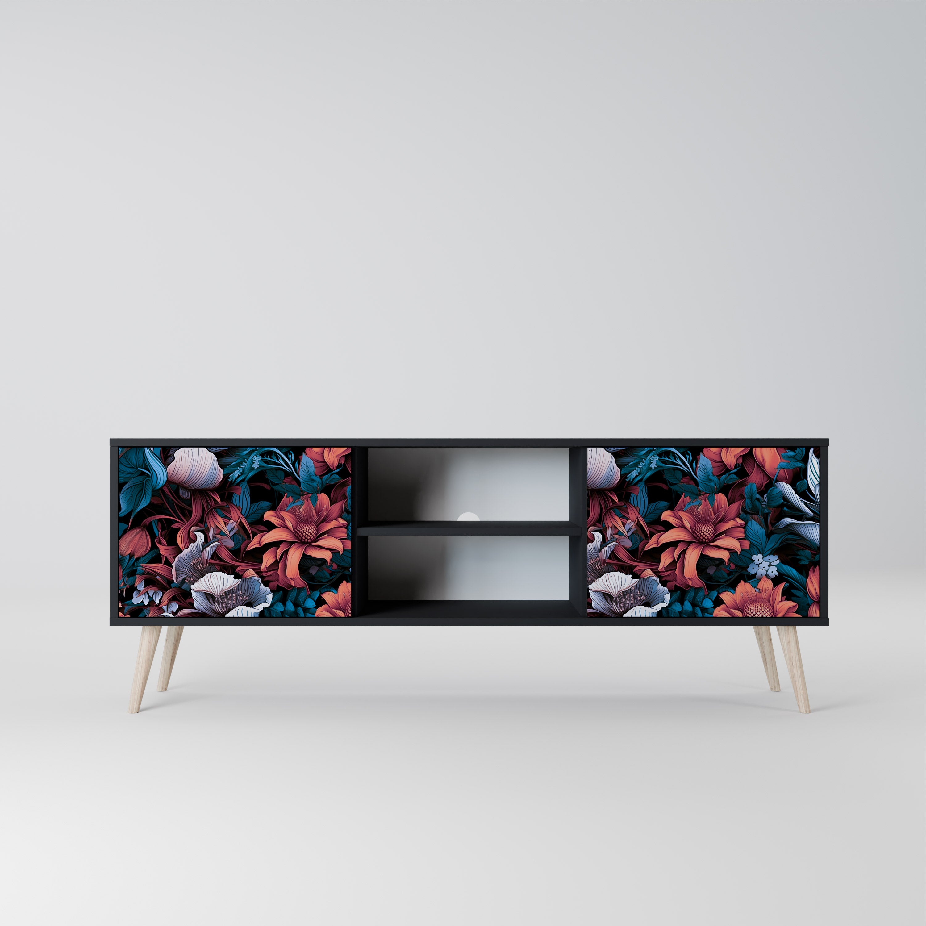 Mueble de TV de dos puertas ETHEREAL BLOSSOMS con acabado negro
